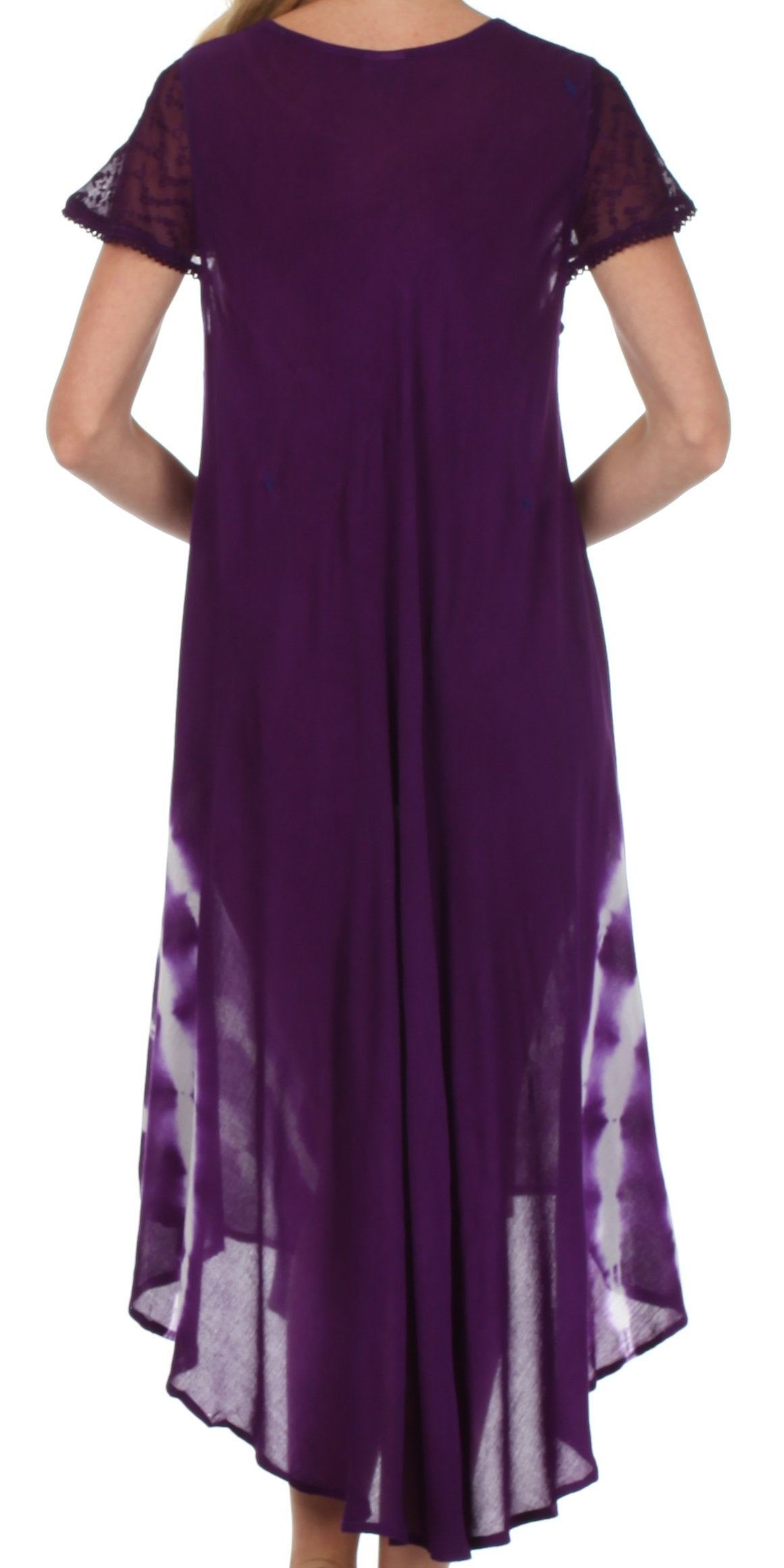 Purple dress with sheer sleeves and bottom half, on a white background