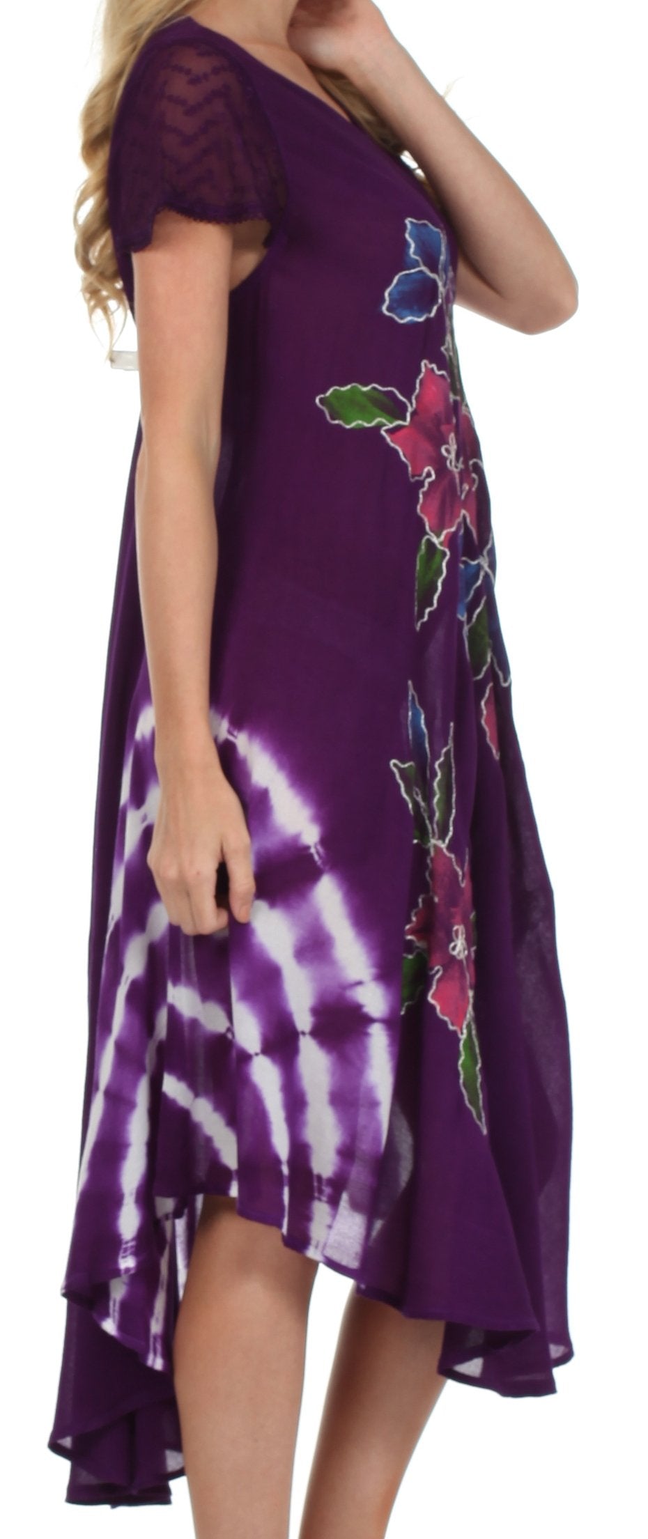 Purple dress with floral patterns and tie-dye design on a white background
