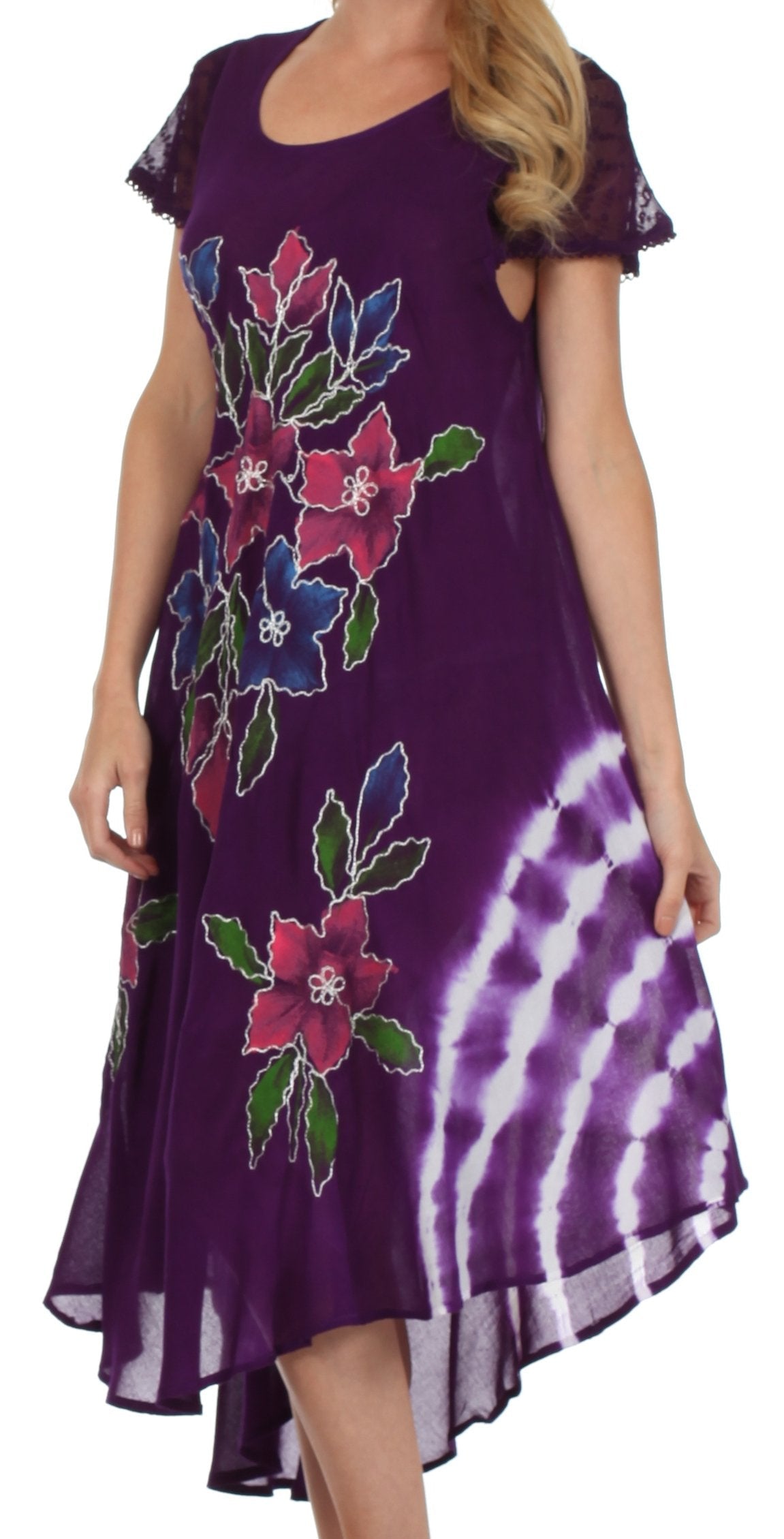 Purple dress with floral patterns and tie-dye design on a white background