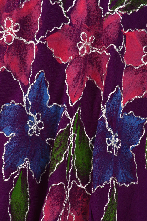 Floral pattern with blue and red flowers on a purple background