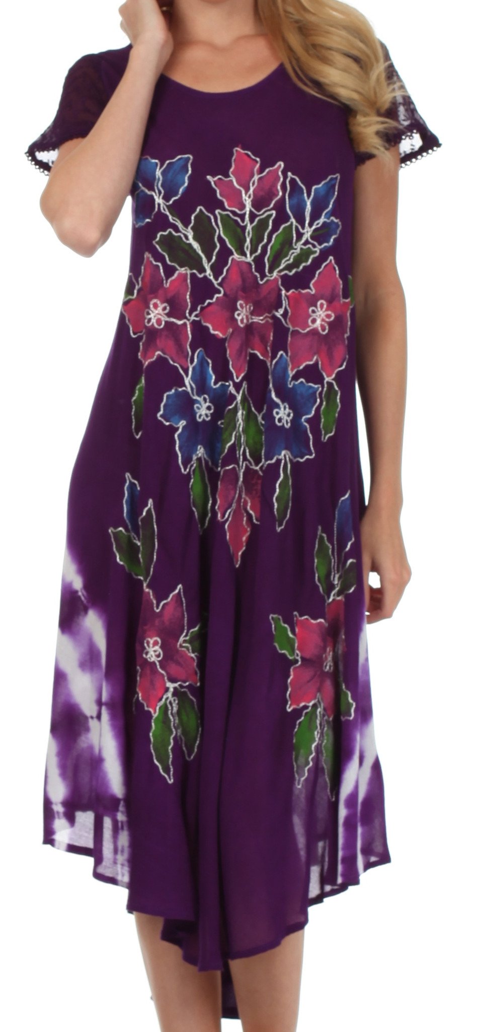 Purple dress with floral patterns on a white background