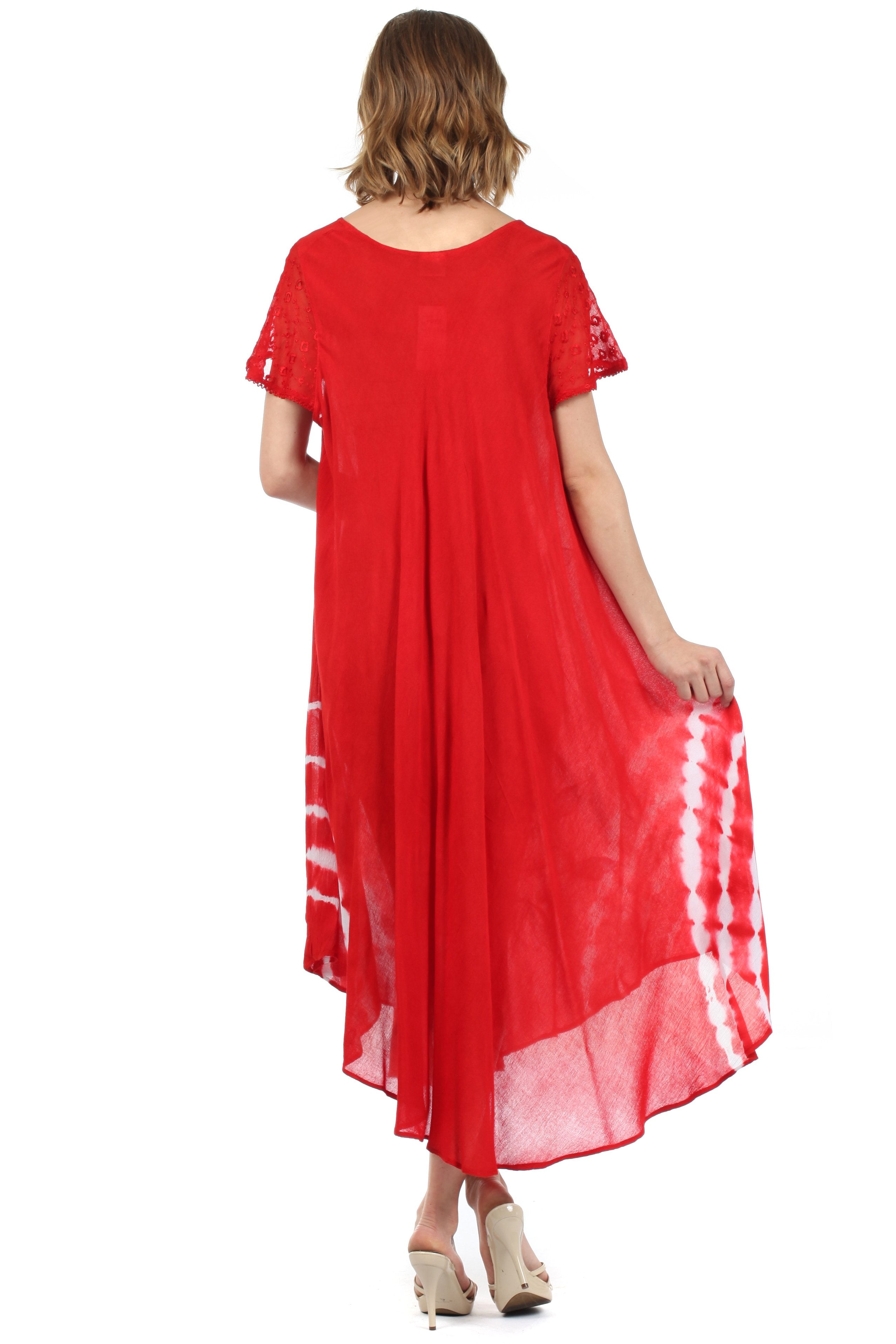 Red dress with white accents worn by a model on a white background