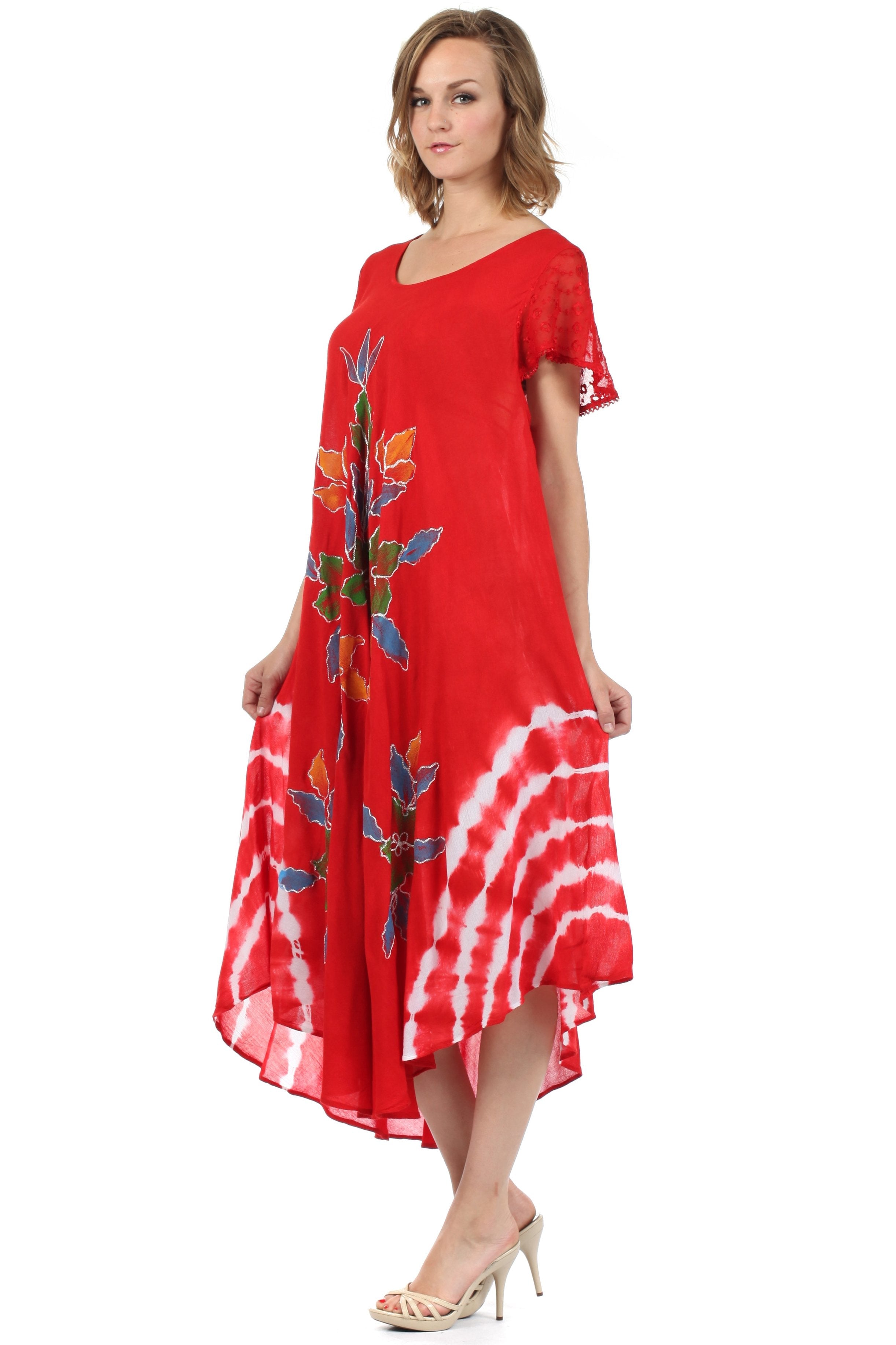 Red dress with floral and tie-dye patterns on a white background