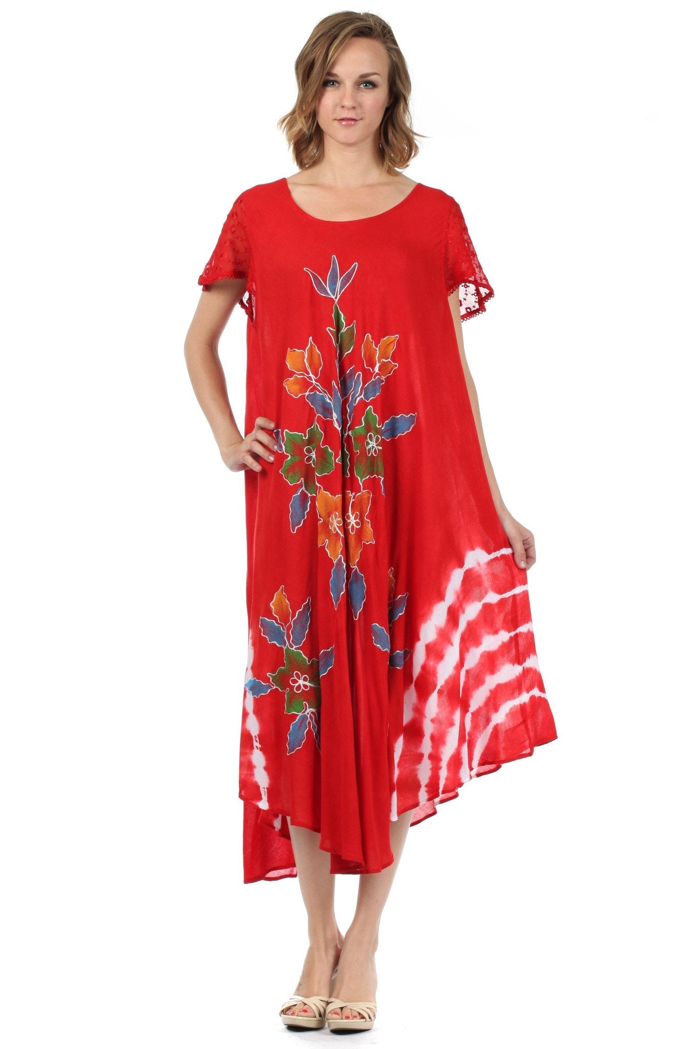 Woman wearing a red dress with floral patterns on a white background