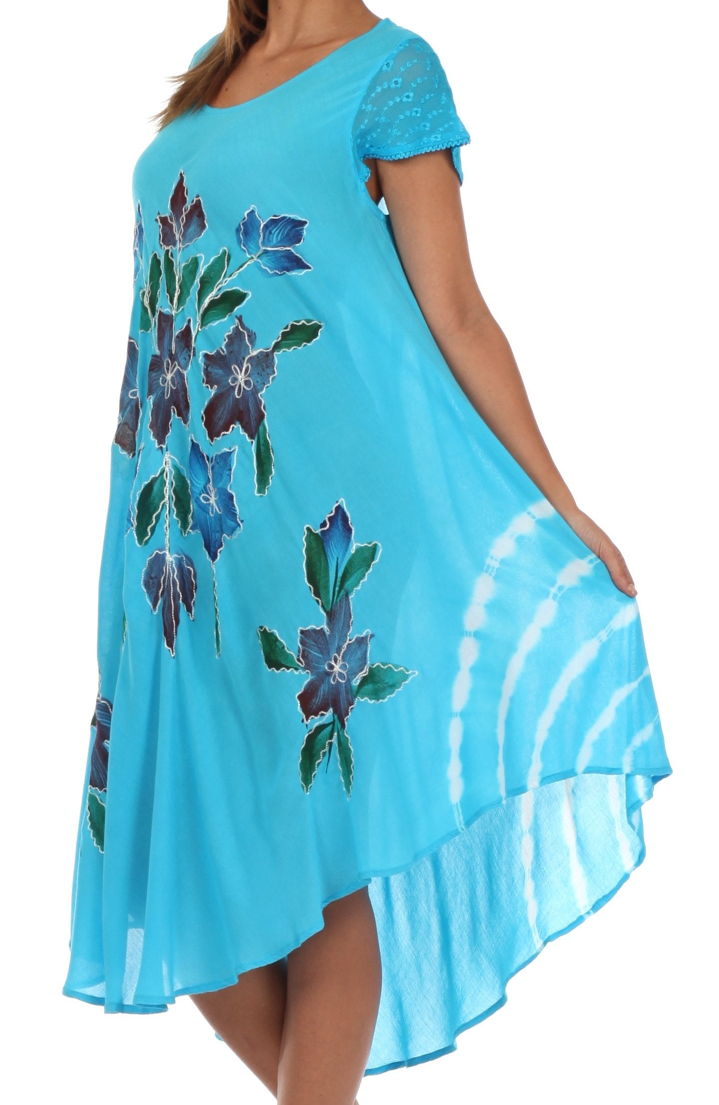 Blue dress with floral patterns on a white background