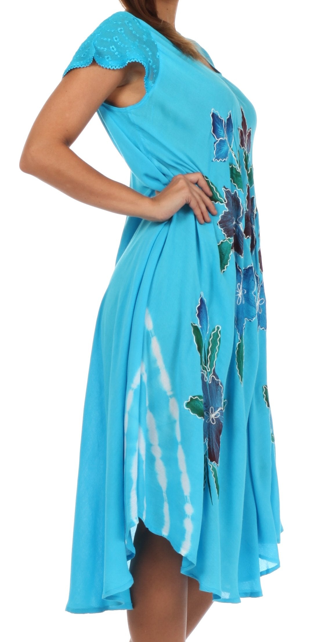 Blue dress with floral patterns on a white background