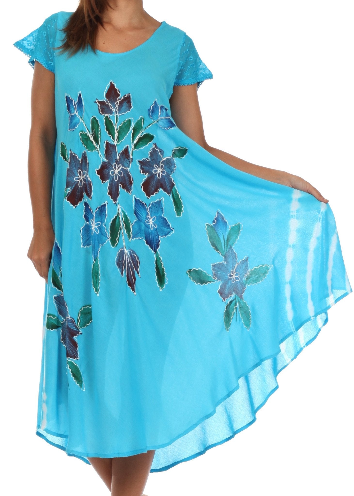Blue dress with floral embroidery on a white background