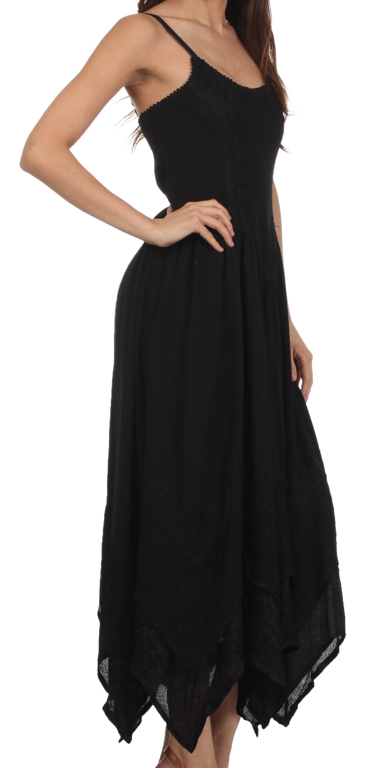 Sakkas - Rayon Embroidered Stonewashed Adjustable Spaghetti Straps Long Dress