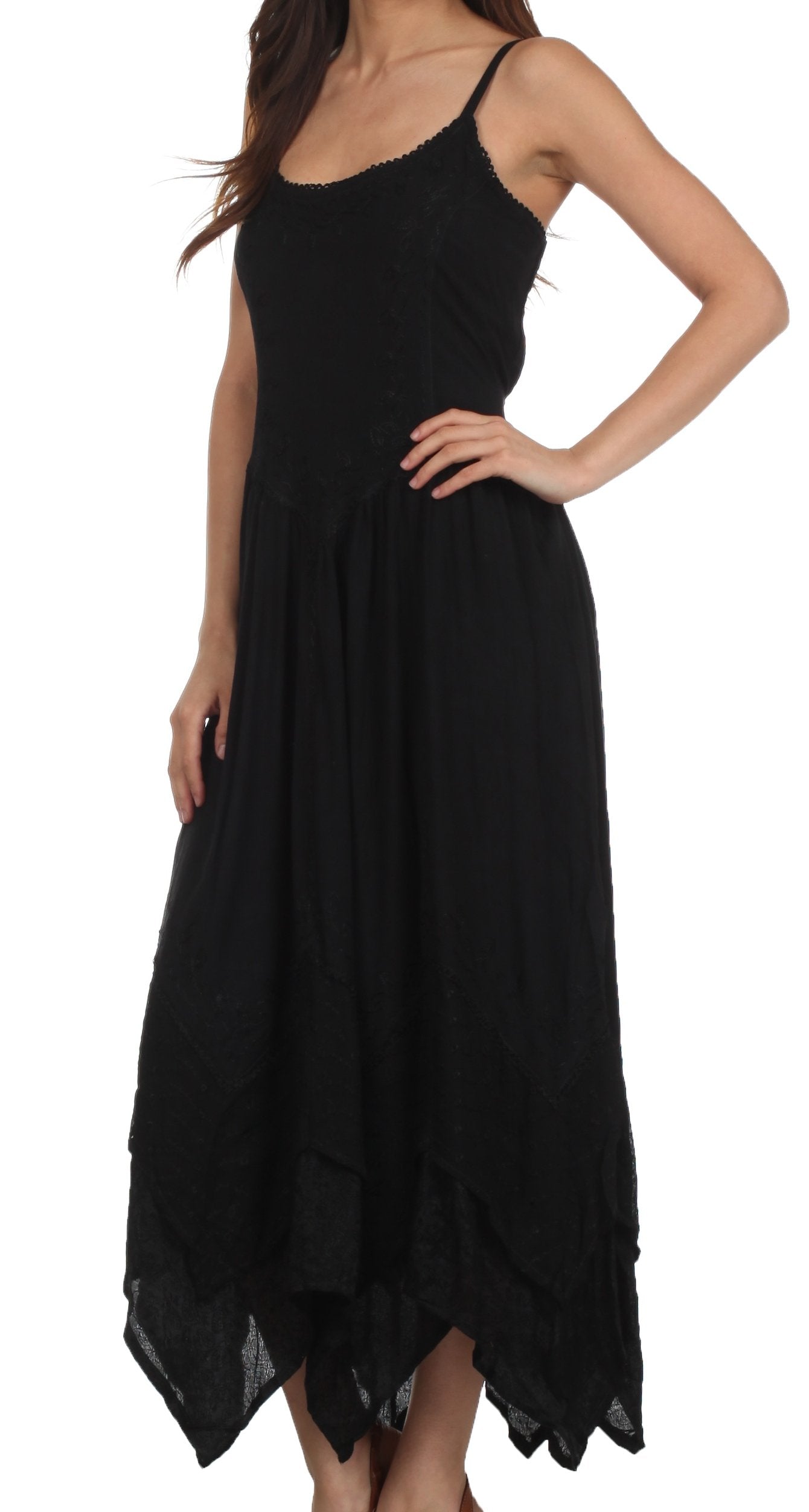 Sakkas - Rayon Embroidered Stonewashed Adjustable Spaghetti Straps Long Dress