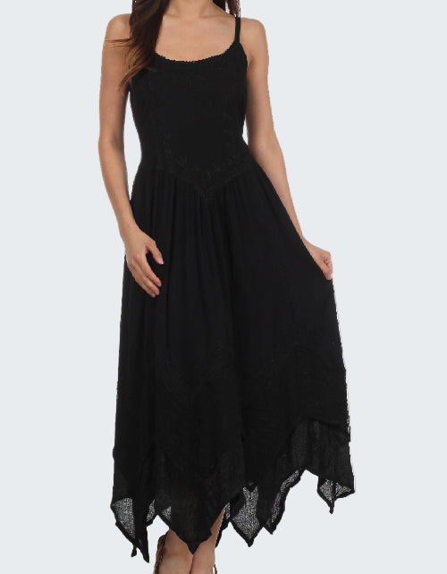 Black dress with an asymmetrical hem on a white background
