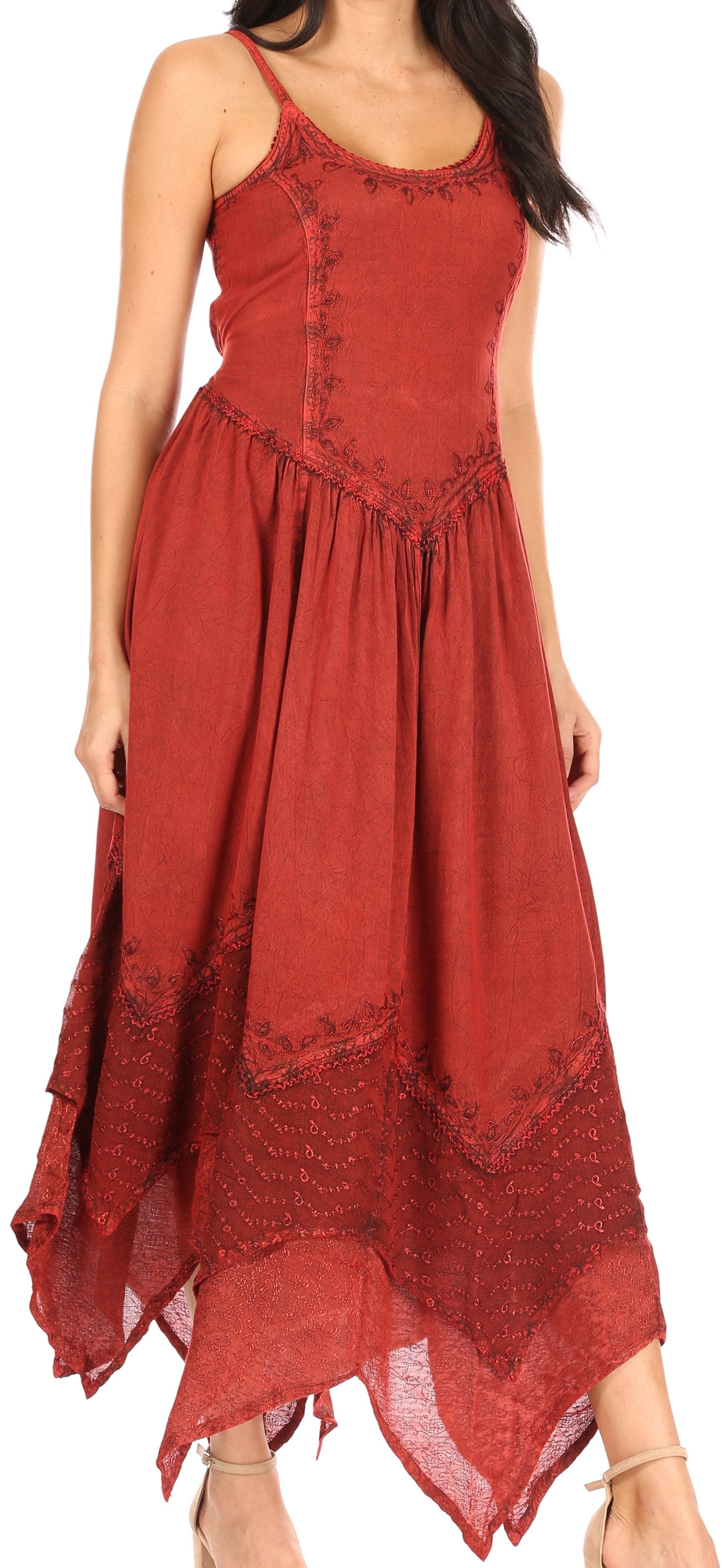 Sakkas - Rayon Embroidered Stonewashed Adjustable Spaghetti Straps Long Dress