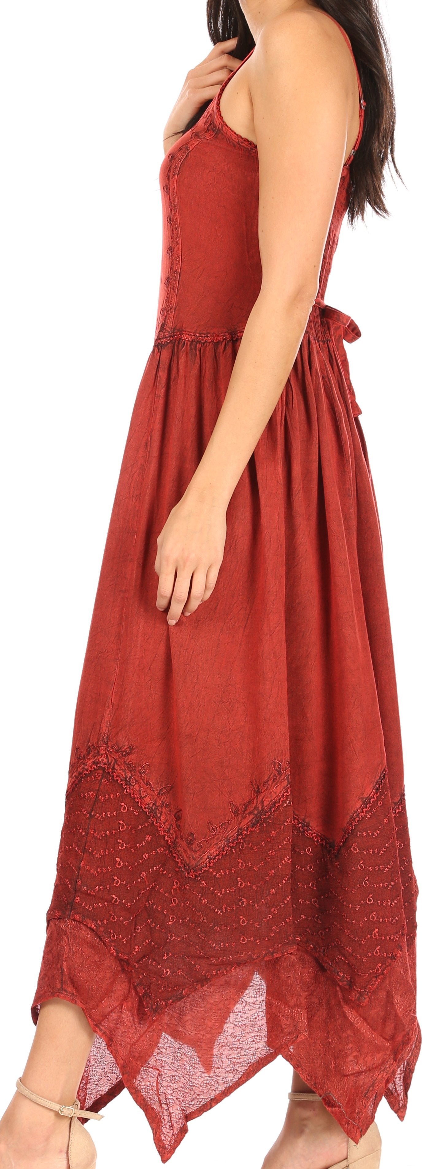Sakkas - Rayon Embroidered Stonewashed Adjustable Spaghetti Straps Long Dress