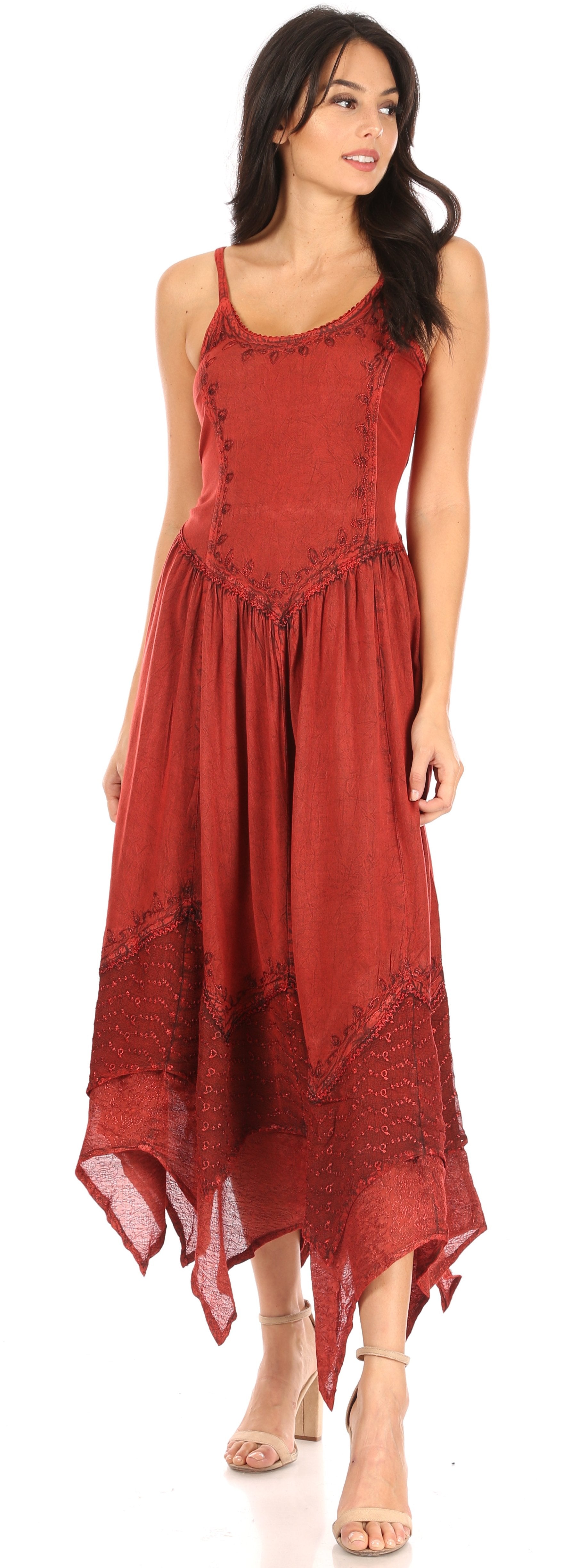 Sakkas - Rayon Embroidered Stonewashed Adjustable Spaghetti Straps Long Dress
