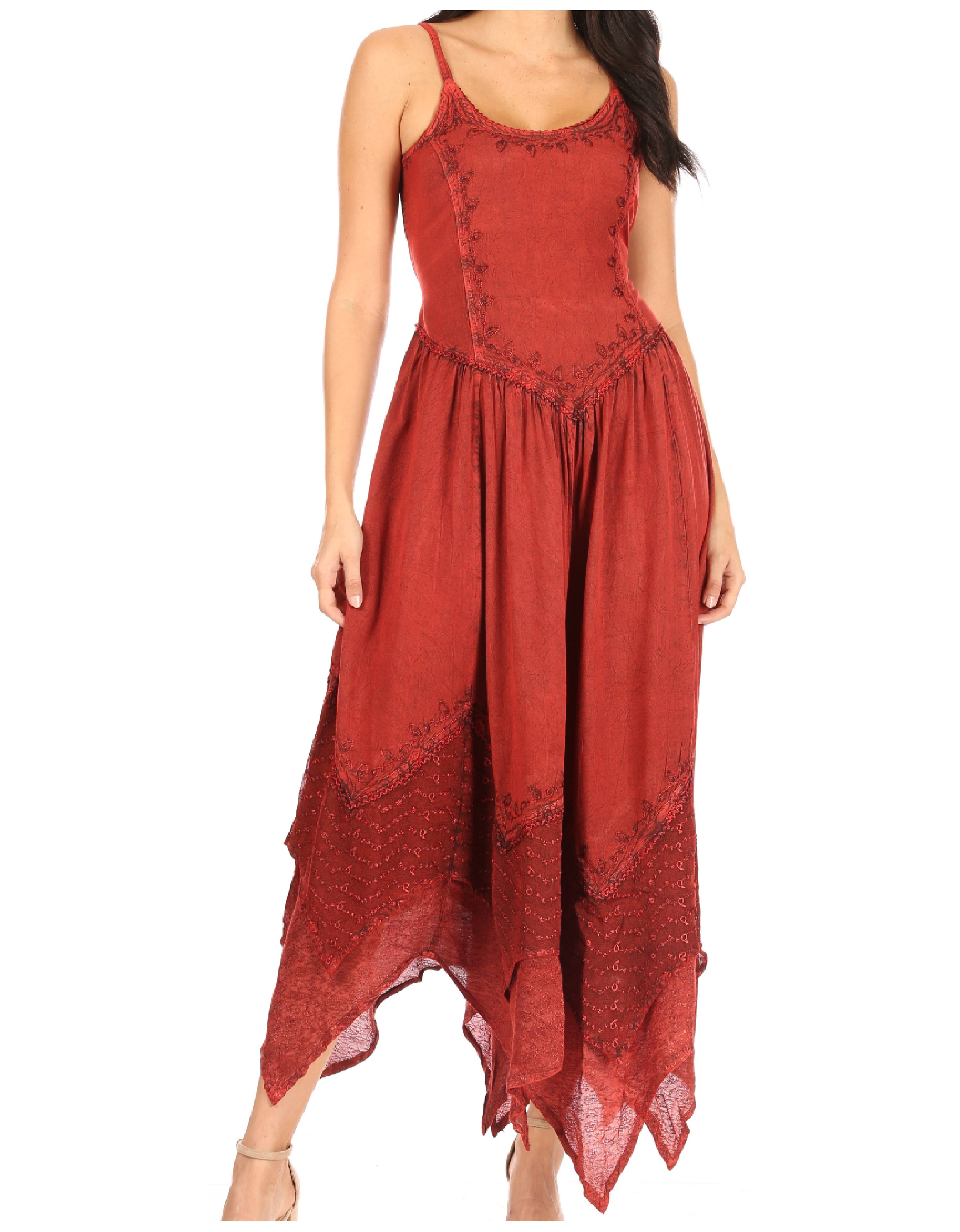 Sakkas - Rayon Embroidered Stonewashed Adjustable Spaghetti Straps Long Dress