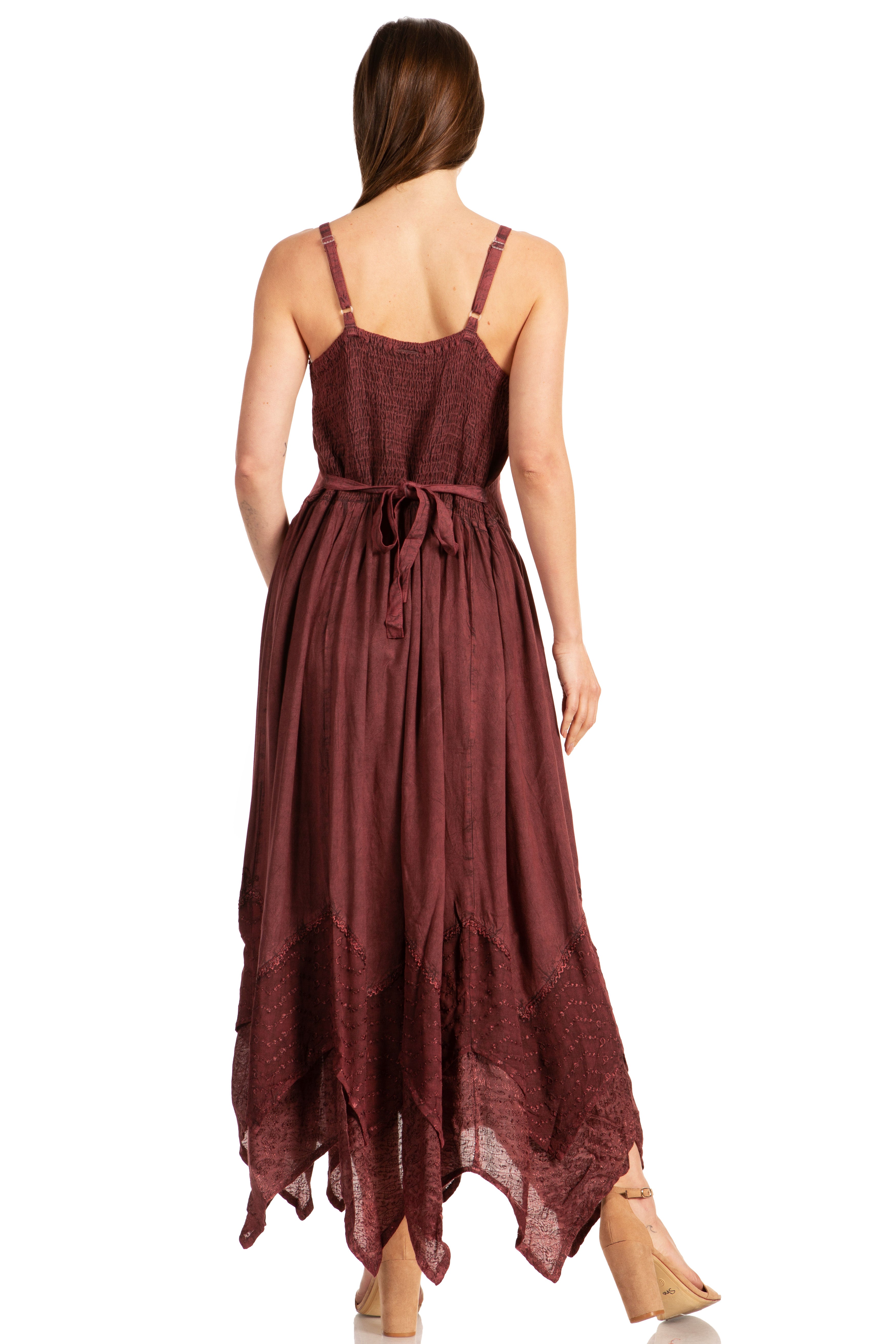 Sakkas - Rayon Embroidered Stonewashed Adjustable Spaghetti Straps Long Dress