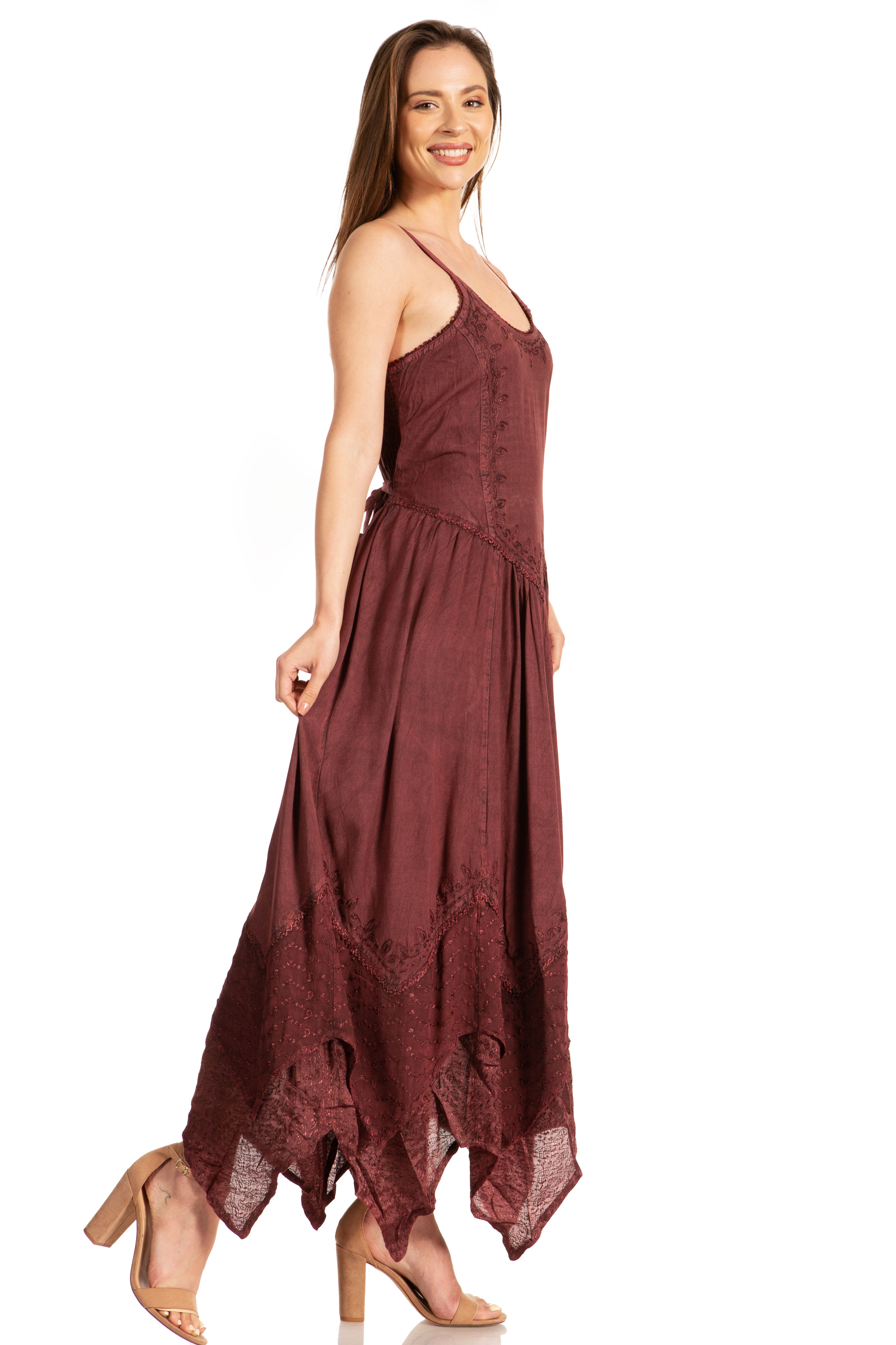 Sakkas - Rayon Embroidered Stonewashed Adjustable Spaghetti Straps Long Dress