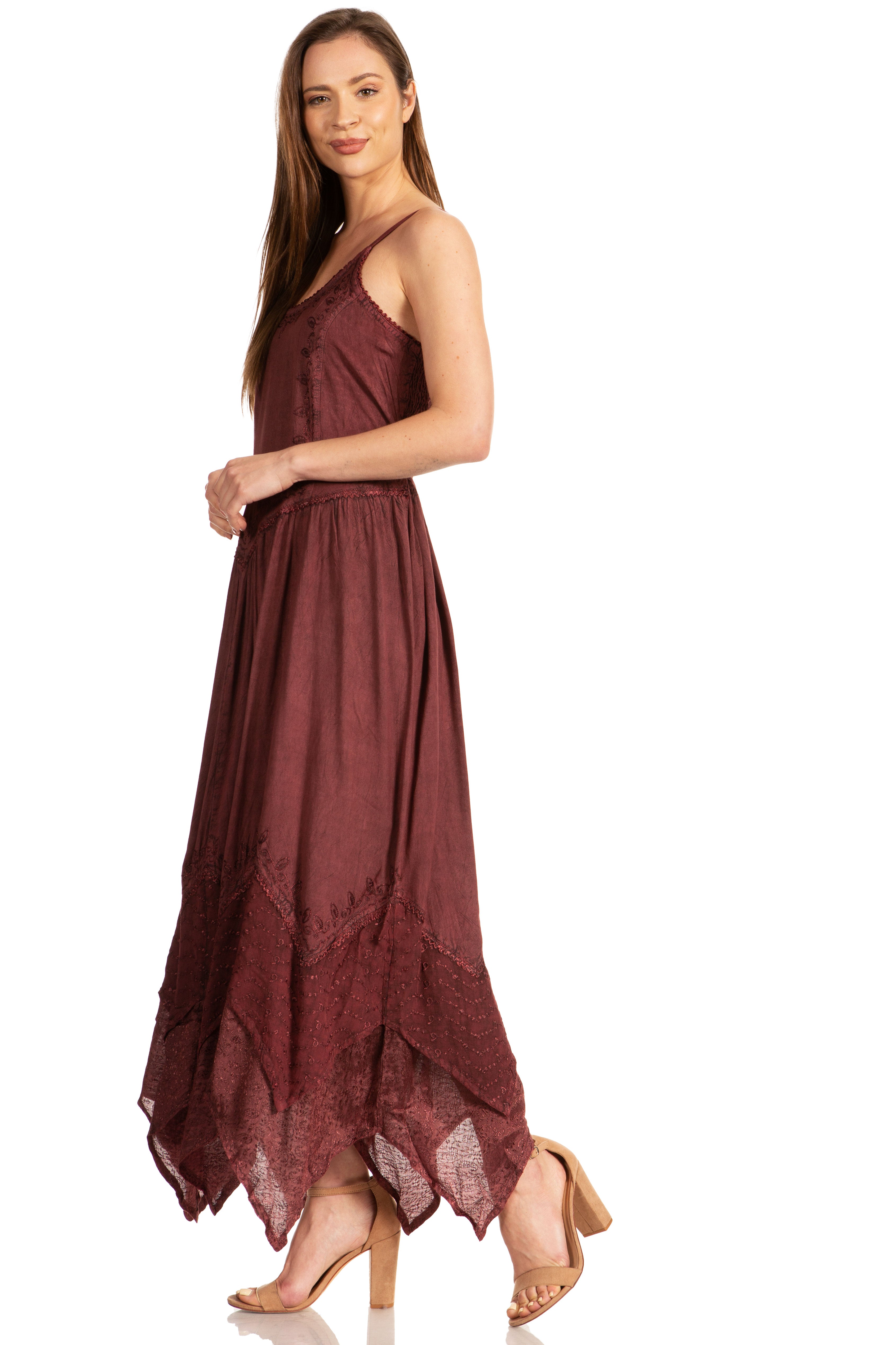 Sakkas - Rayon Embroidered Stonewashed Adjustable Spaghetti Straps Long Dress