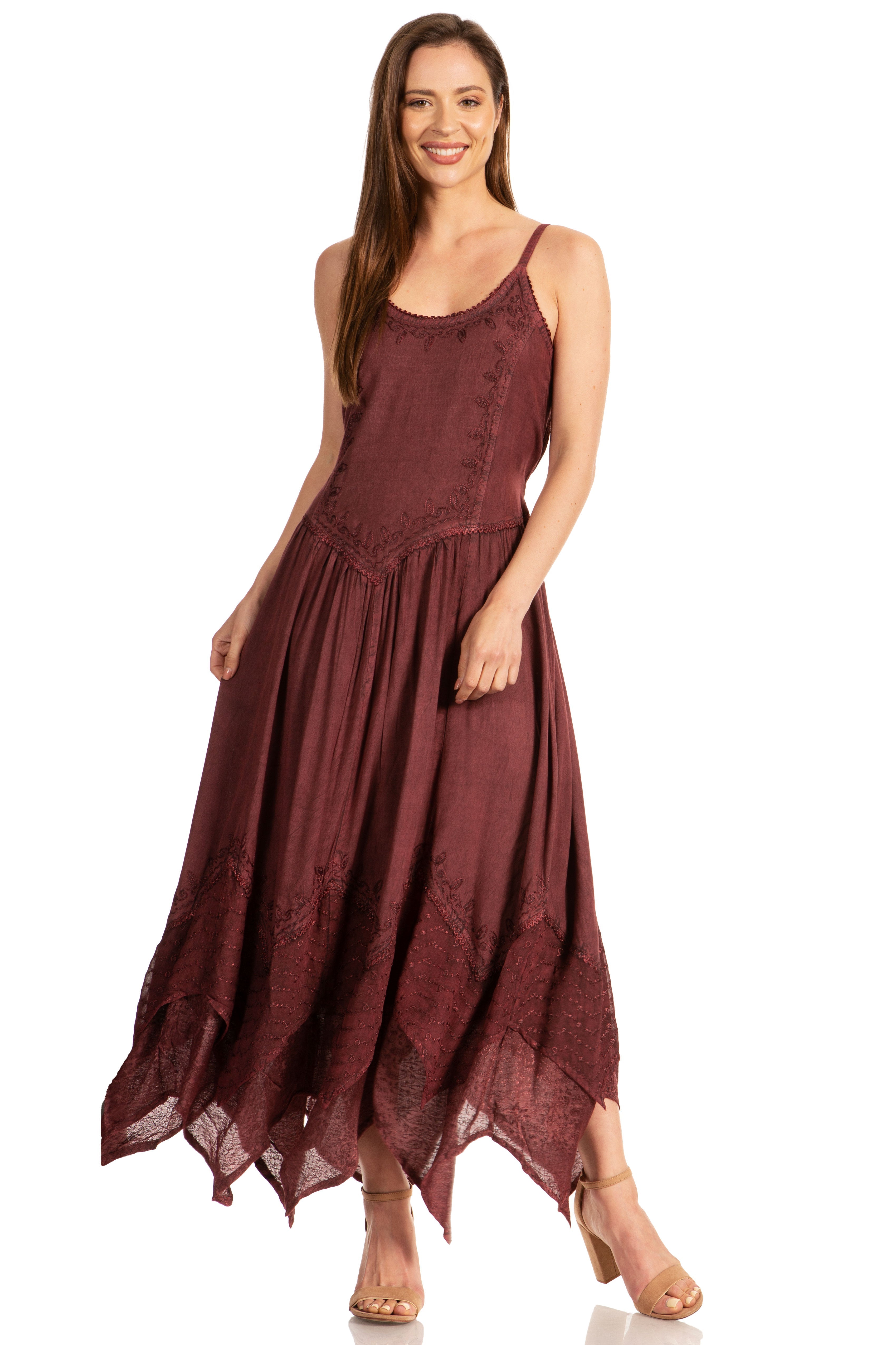 Sakkas - Rayon Embroidered Stonewashed Adjustable Spaghetti Straps Long Dress