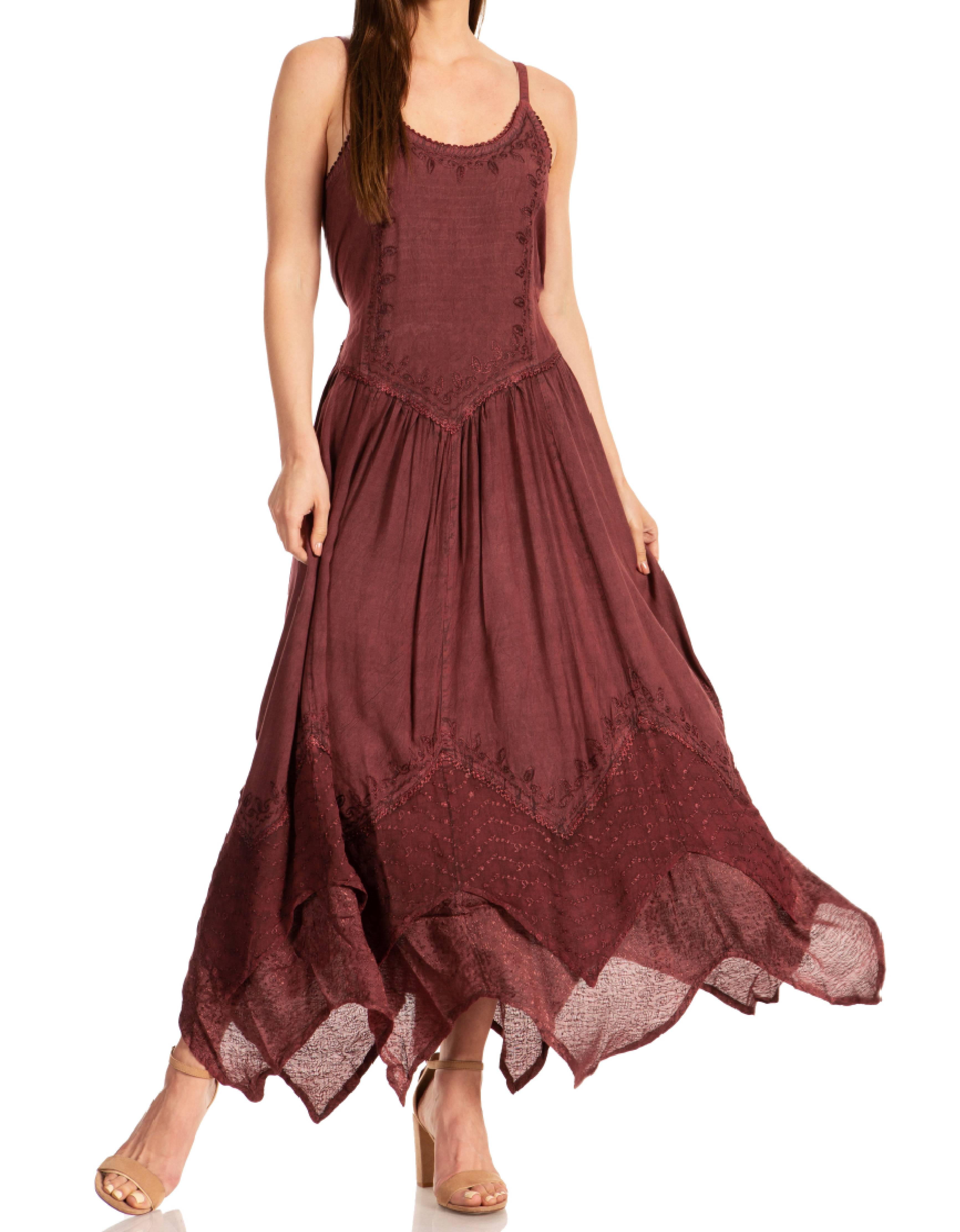 Sakkas - Rayon Embroidered Stonewashed Adjustable Spaghetti Straps Long Dress