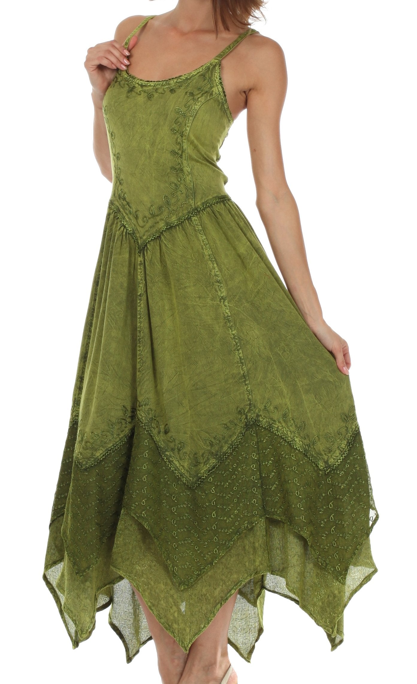 Sakkas - Rayon Embroidered Stonewashed Adjustable Spaghetti Straps Long Dress