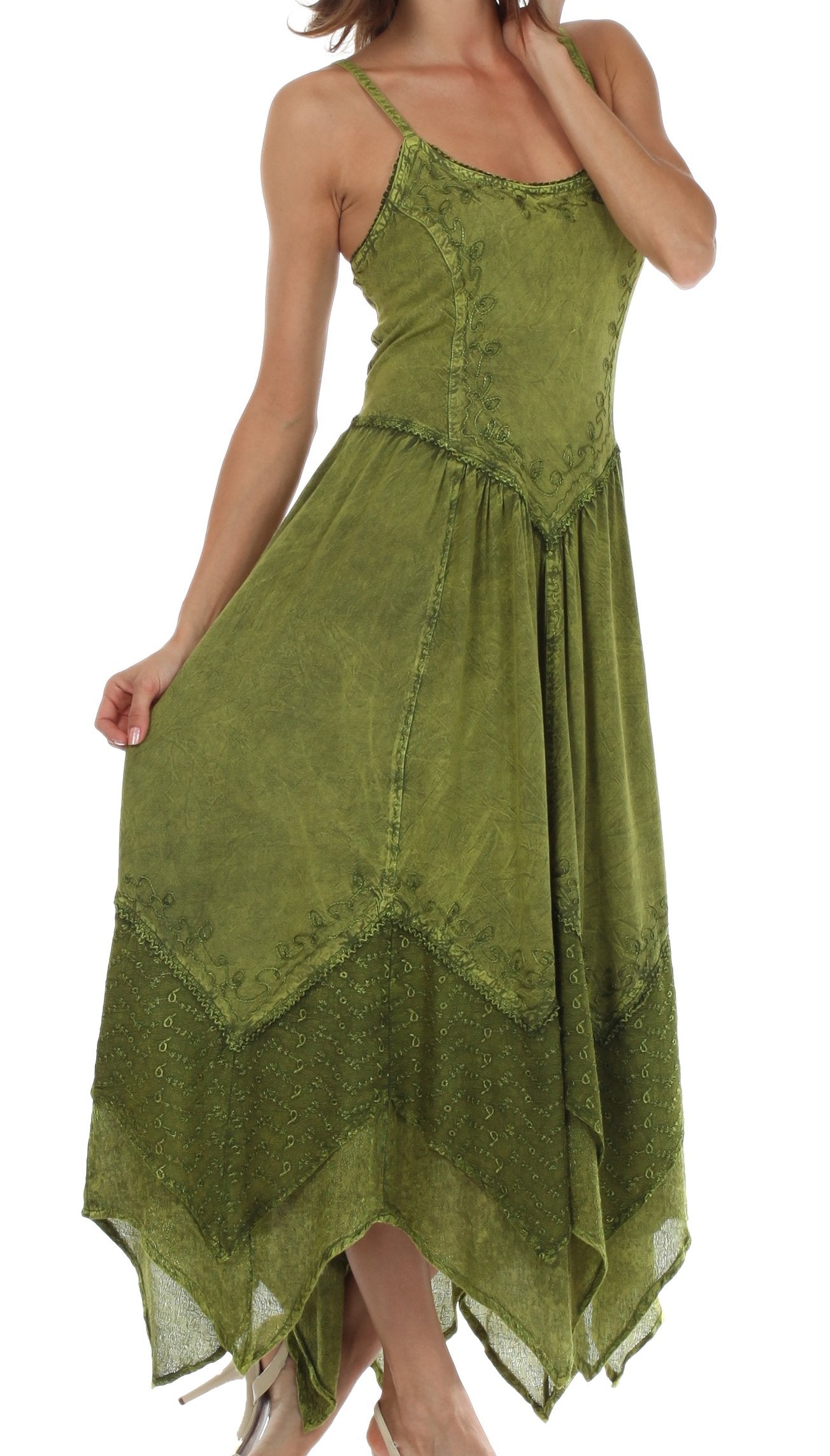 Sakkas - Rayon Embroidered Stonewashed Adjustable Spaghetti Straps Long Dress