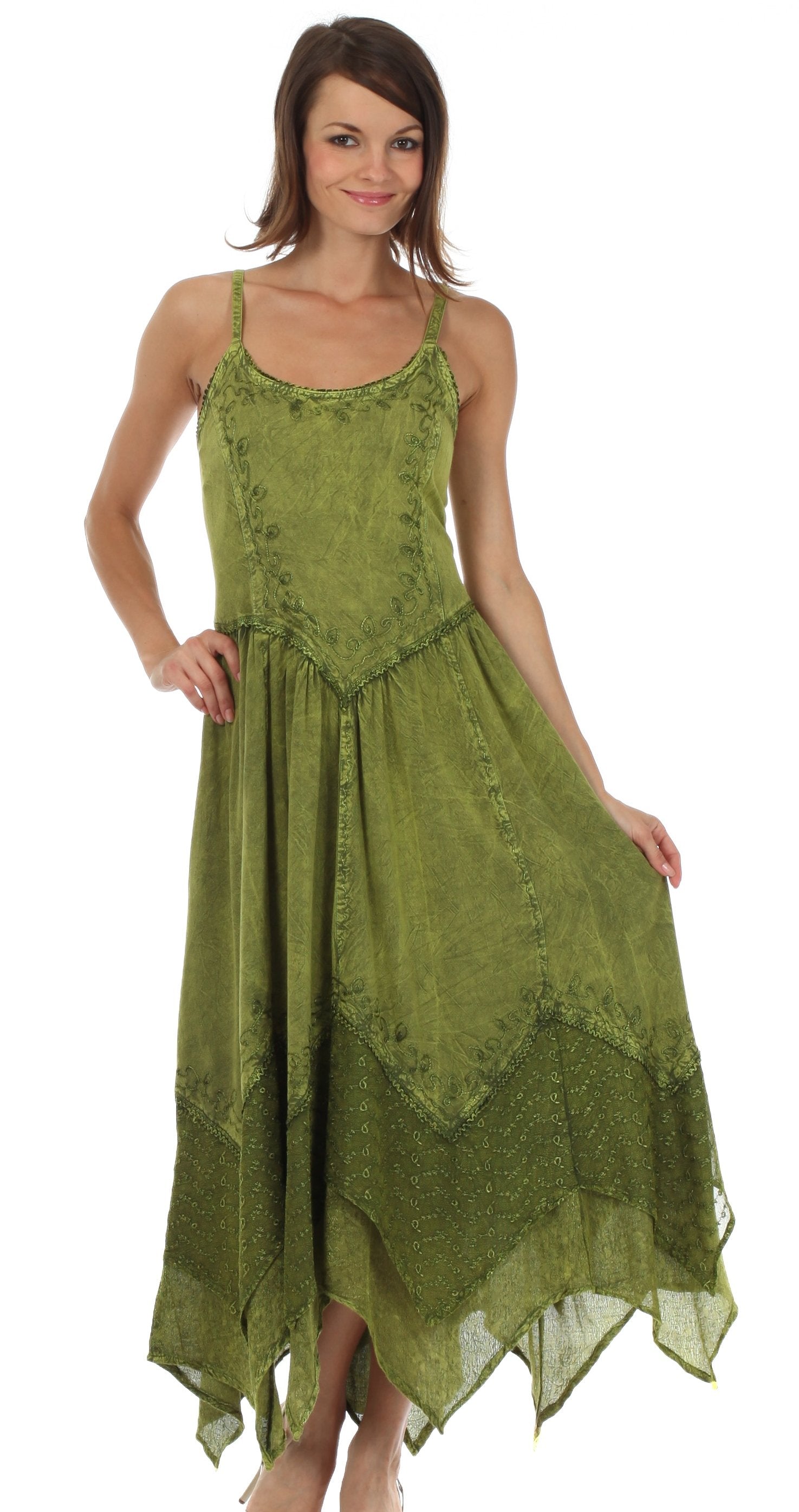 Sakkas - Rayon Embroidered Stonewashed Adjustable Spaghetti Straps Long Dress
