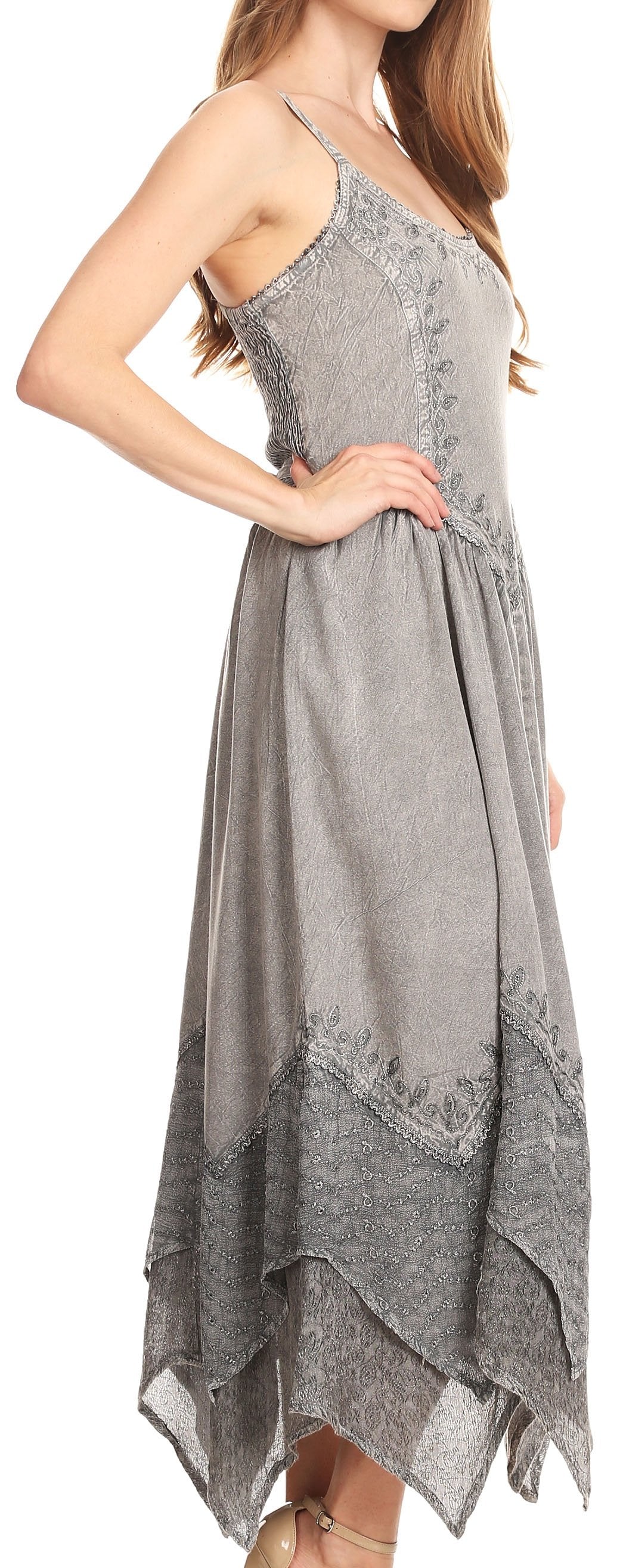 Sakkas - Rayon Embroidered Stonewashed Adjustable Spaghetti Straps Long Dress