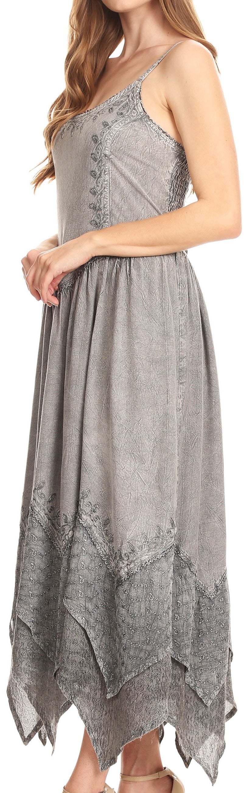 Sakkas - Rayon Embroidered Stonewashed Adjustable Spaghetti Straps Long Dress