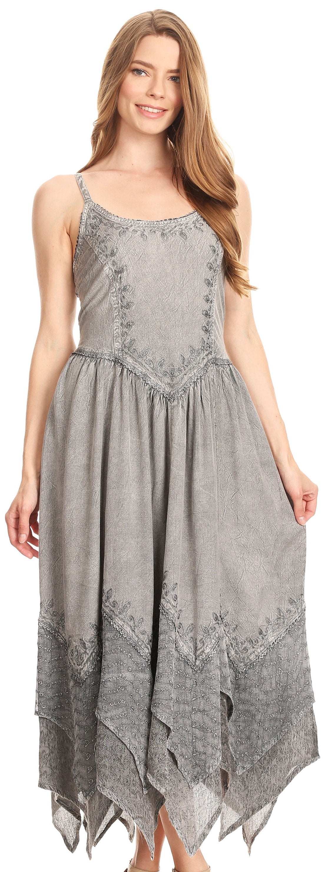 Sakkas - Rayon Embroidered Stonewashed Adjustable Spaghetti Straps Long Dress