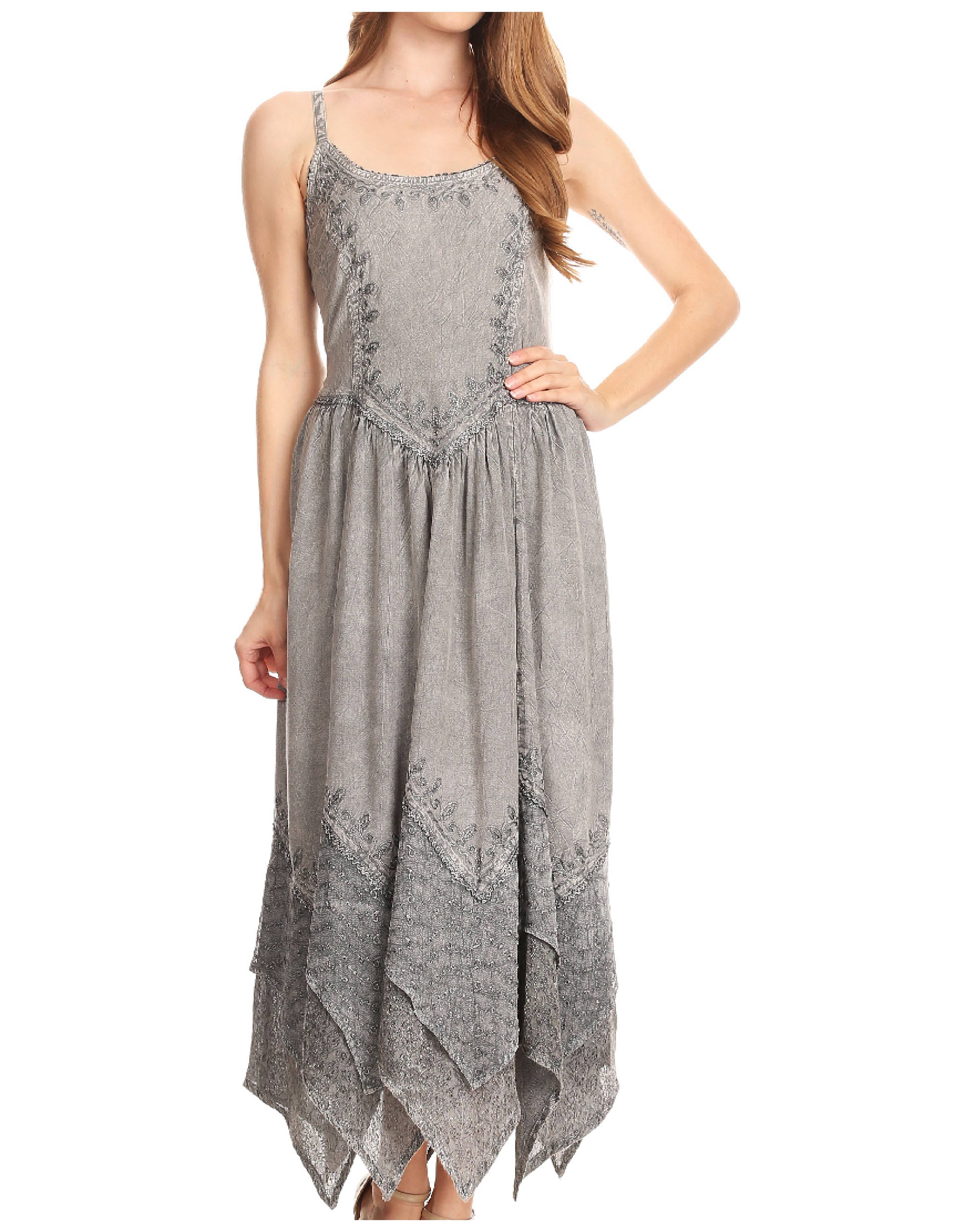Sakkas - Rayon Embroidered Stonewashed Adjustable Spaghetti Straps Long Dress