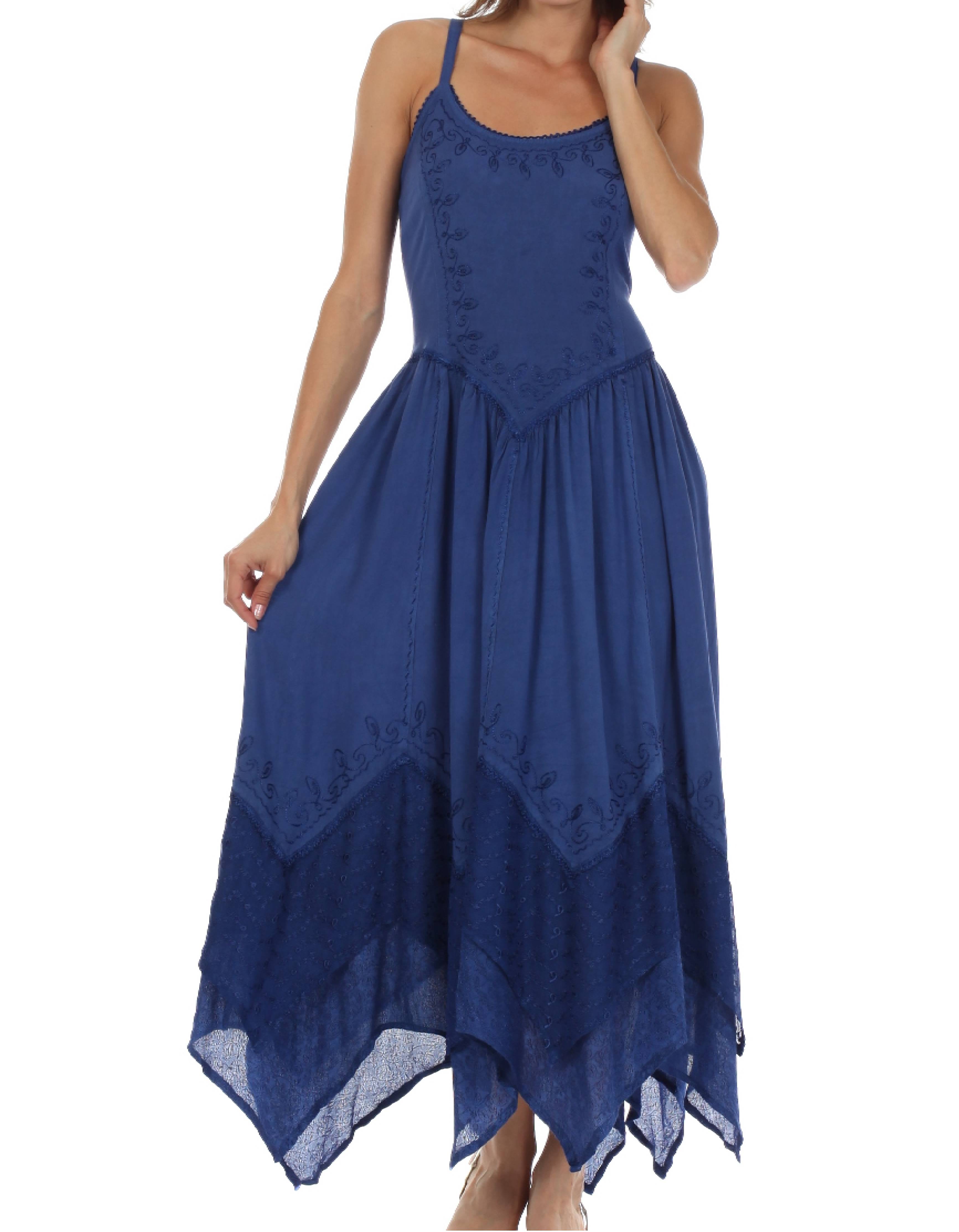 Sakkas - Rayon Embroidered Stonewashed Adjustable Spaghetti Straps Long Dress