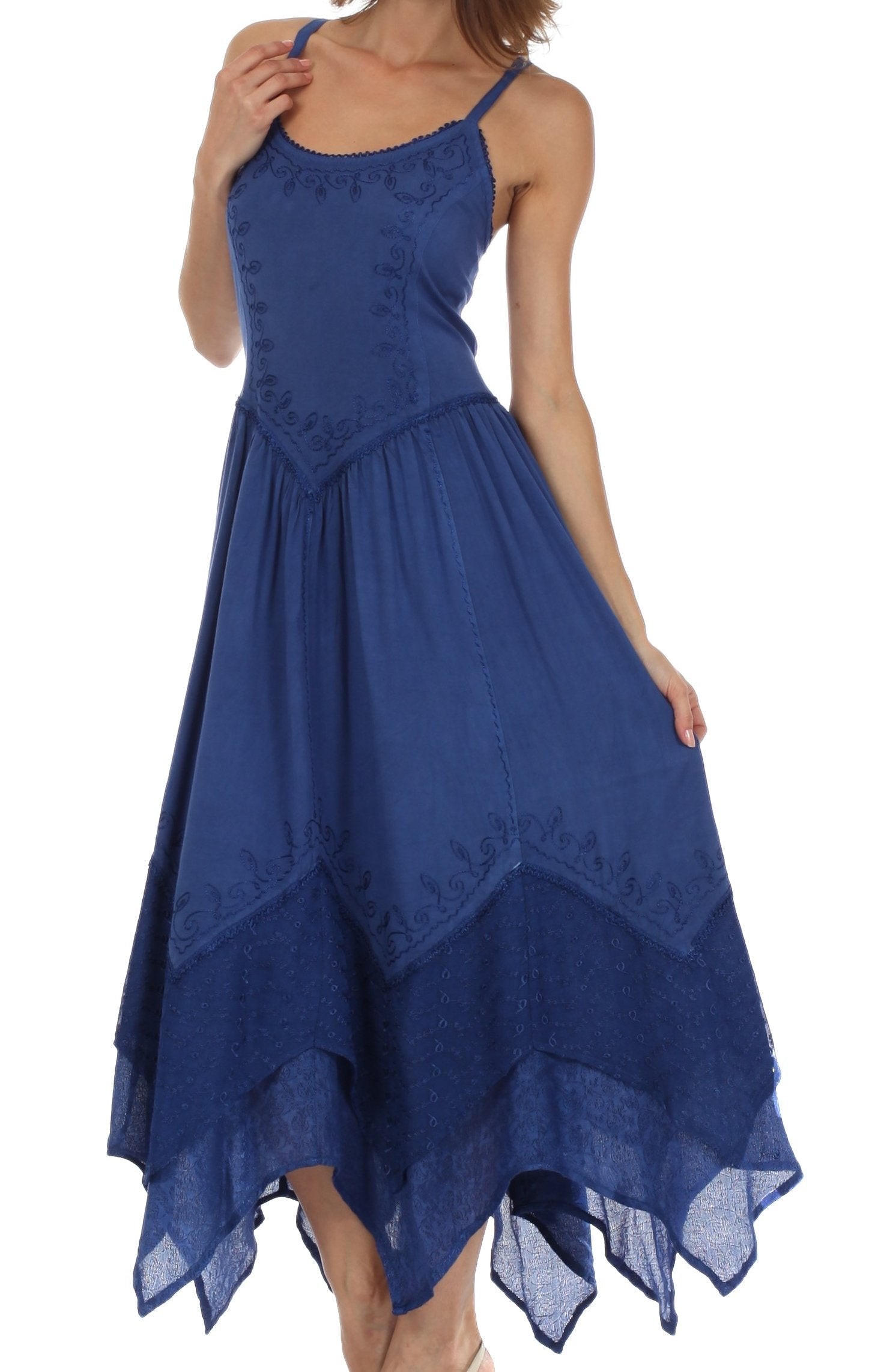 Sakkas - Rayon Embroidered Stonewashed Adjustable Spaghetti Straps Long Dress
