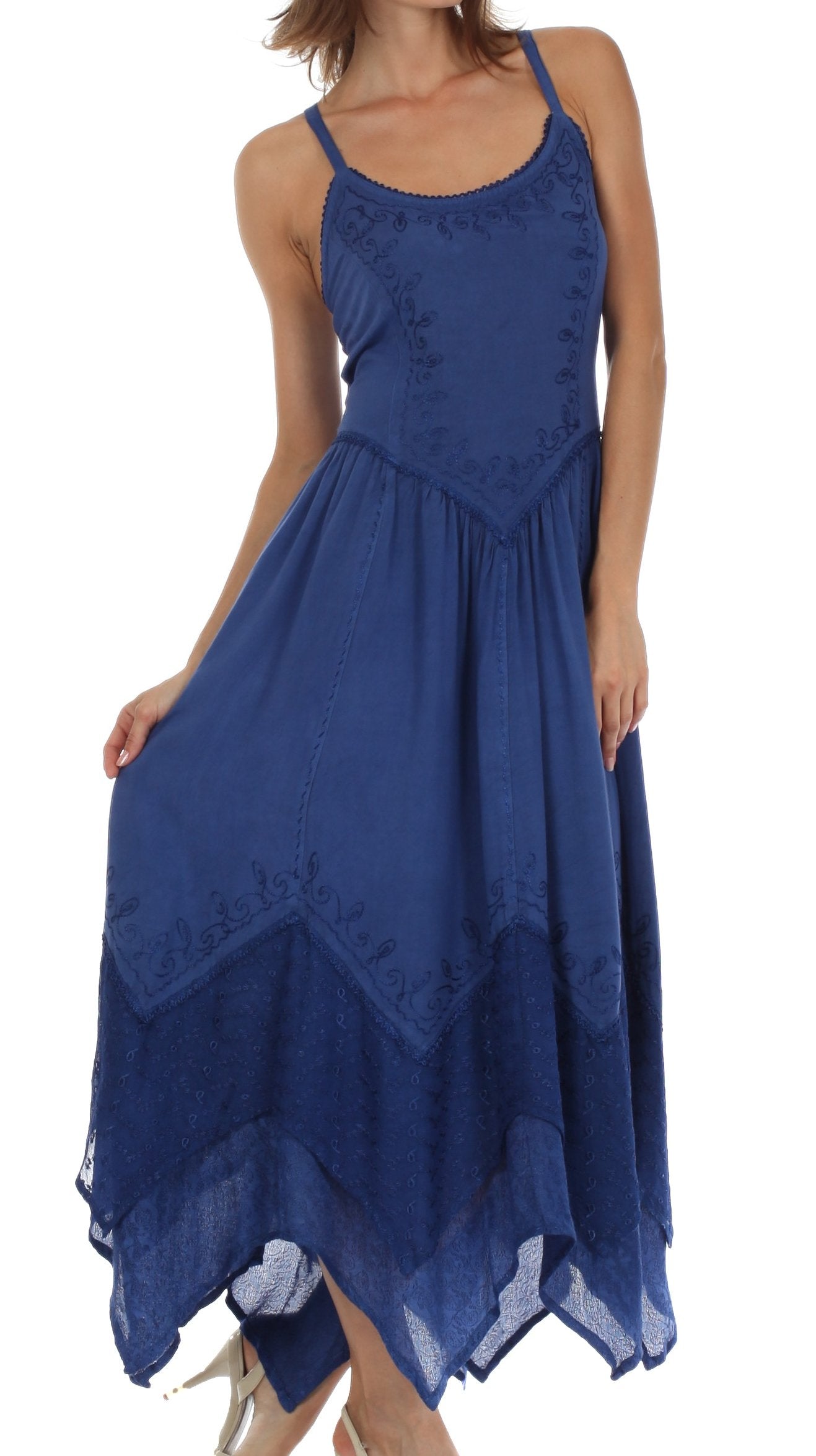 Sakkas - Rayon Embroidered Stonewashed Adjustable Spaghetti Straps Long Dress
