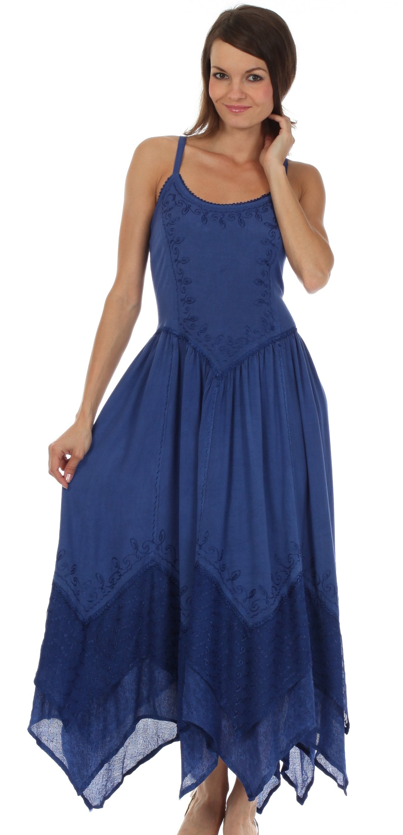 Sakkas - Rayon Embroidered Stonewashed Adjustable Spaghetti Straps Long Dress