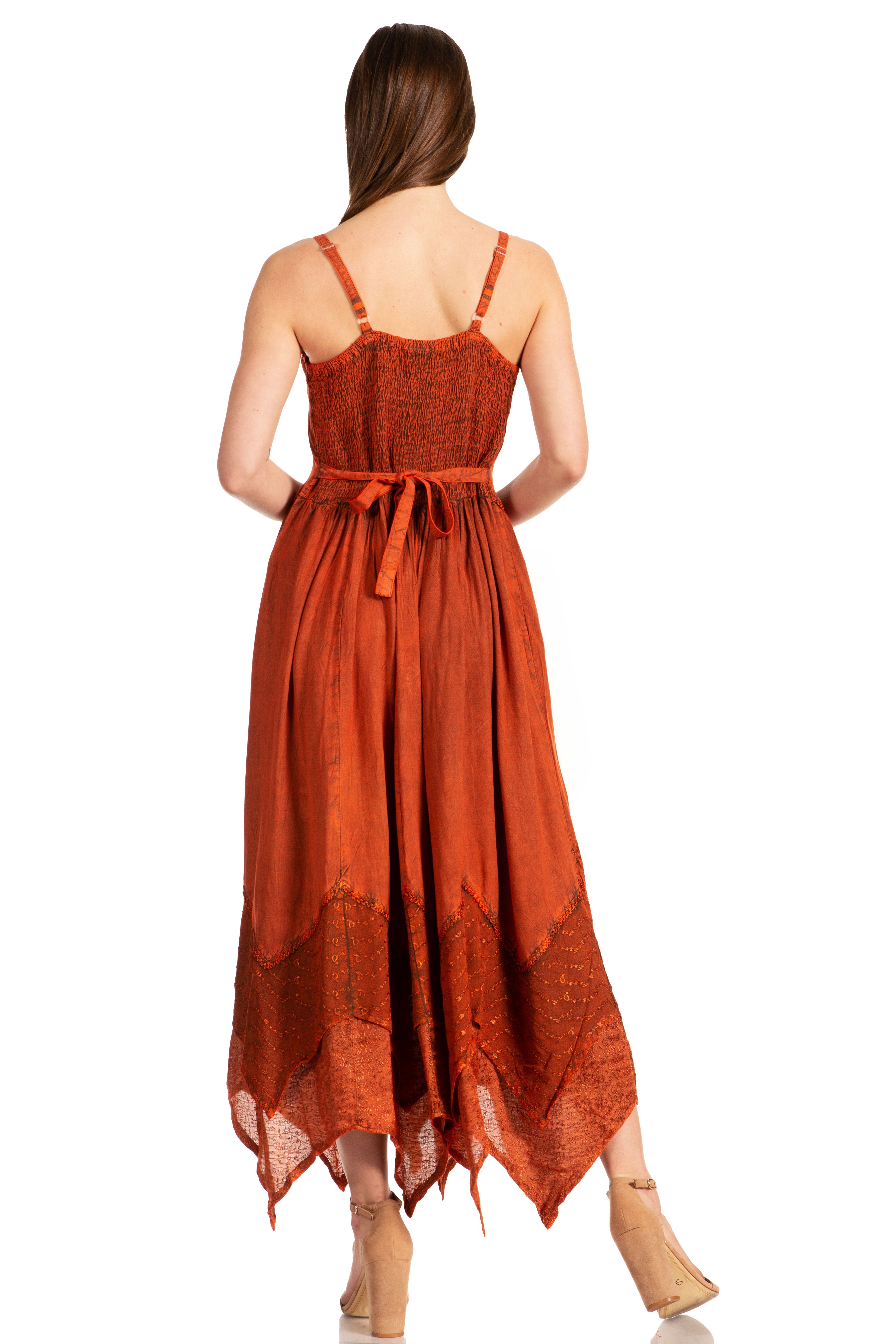 Sakkas - Rayon Embroidered Stonewashed Adjustable Spaghetti Straps Long Dress