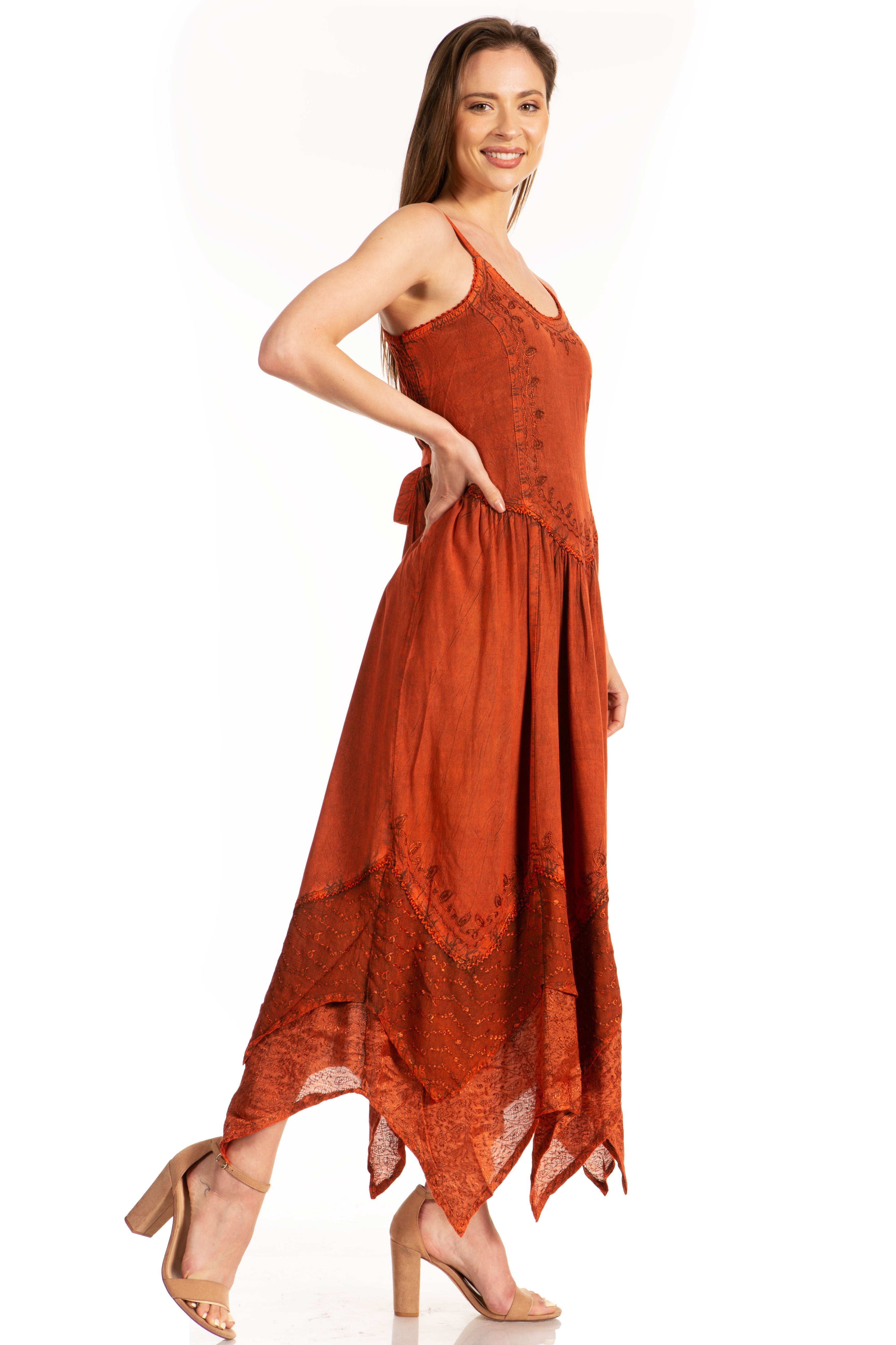 Sakkas - Rayon Embroidered Stonewashed Adjustable Spaghetti Straps Long Dress
