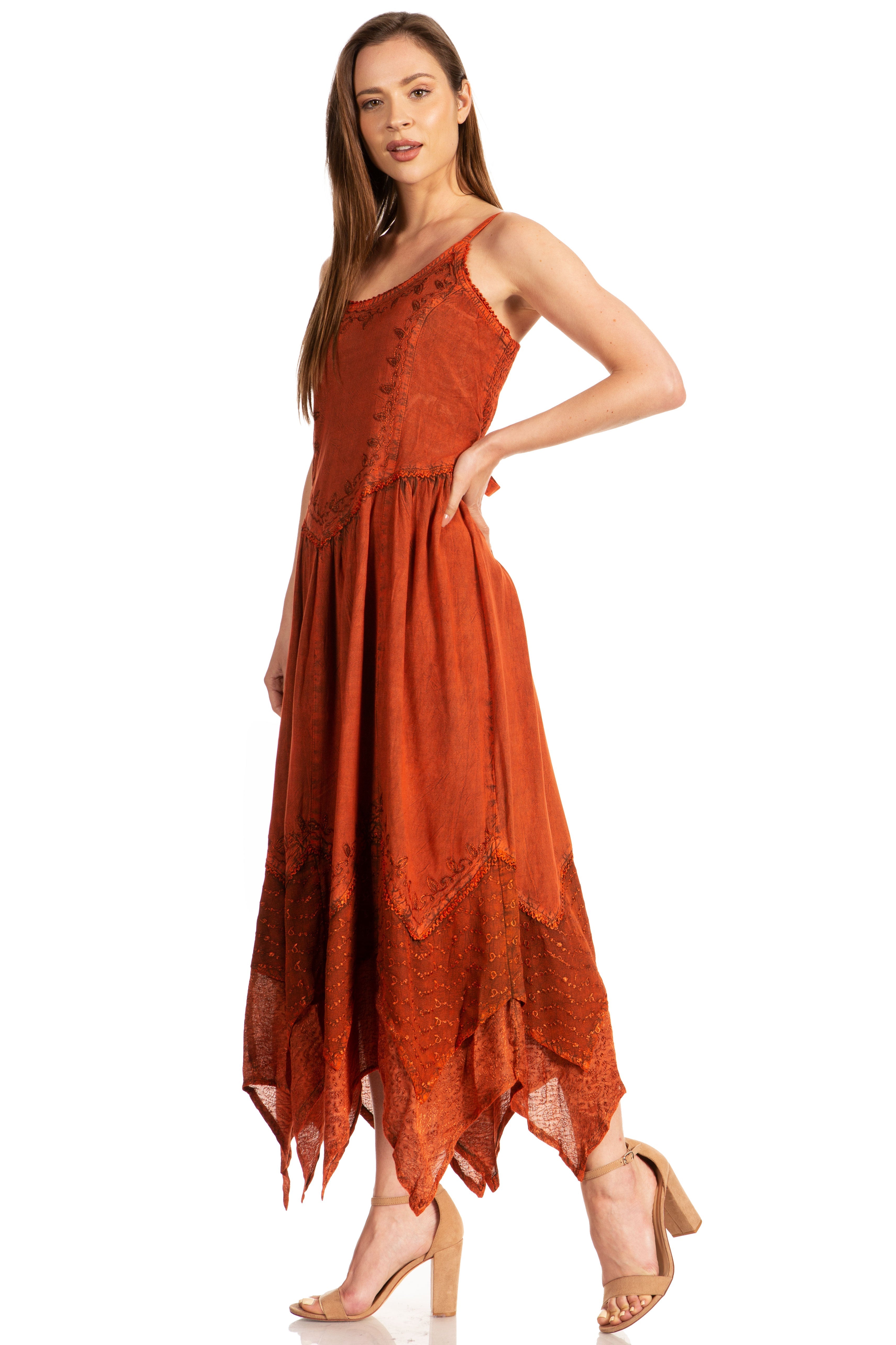 Sakkas - Rayon Embroidered Stonewashed Adjustable Spaghetti Straps Long Dress