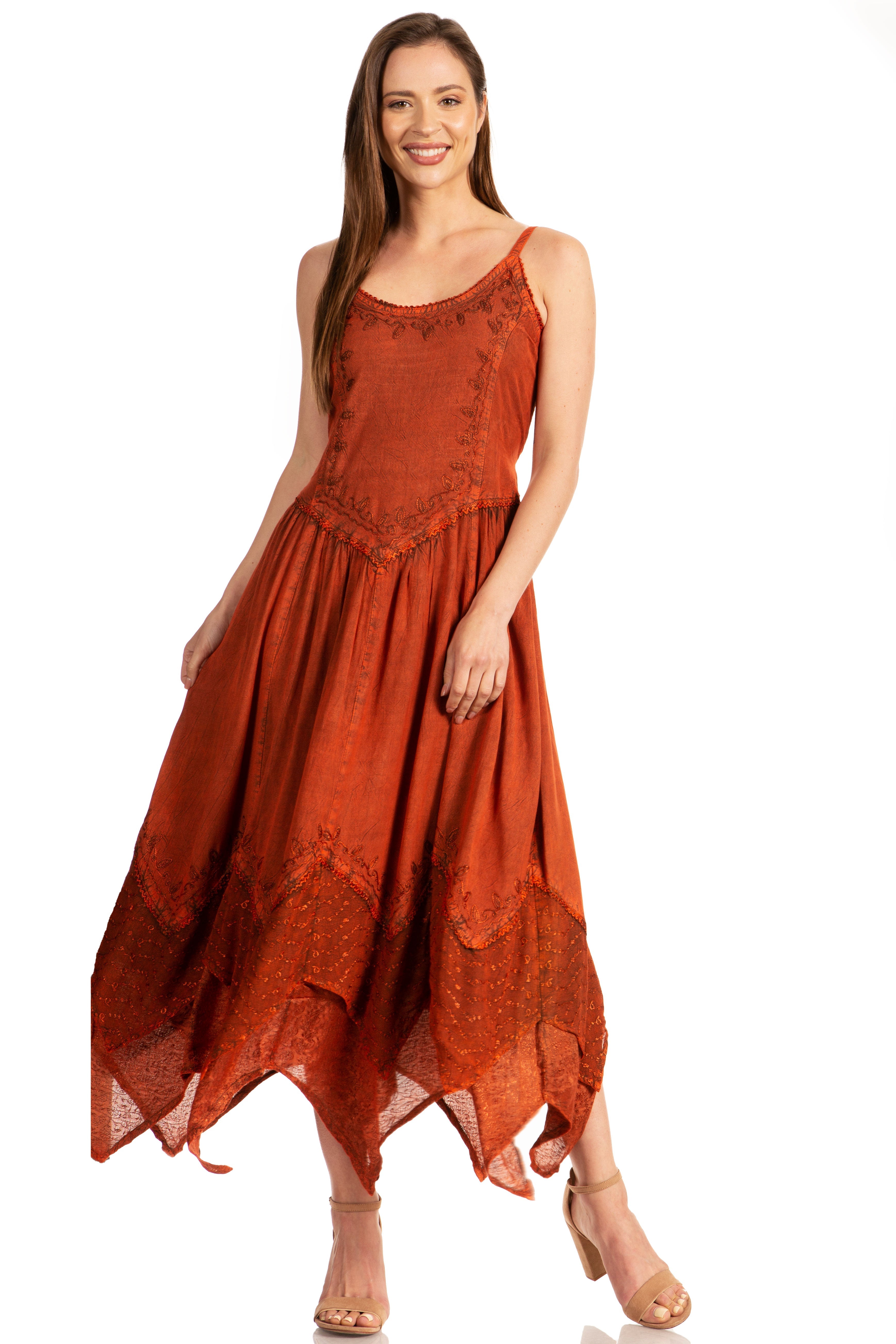 Sakkas - Rayon Embroidered Stonewashed Adjustable Spaghetti Straps Long Dress
