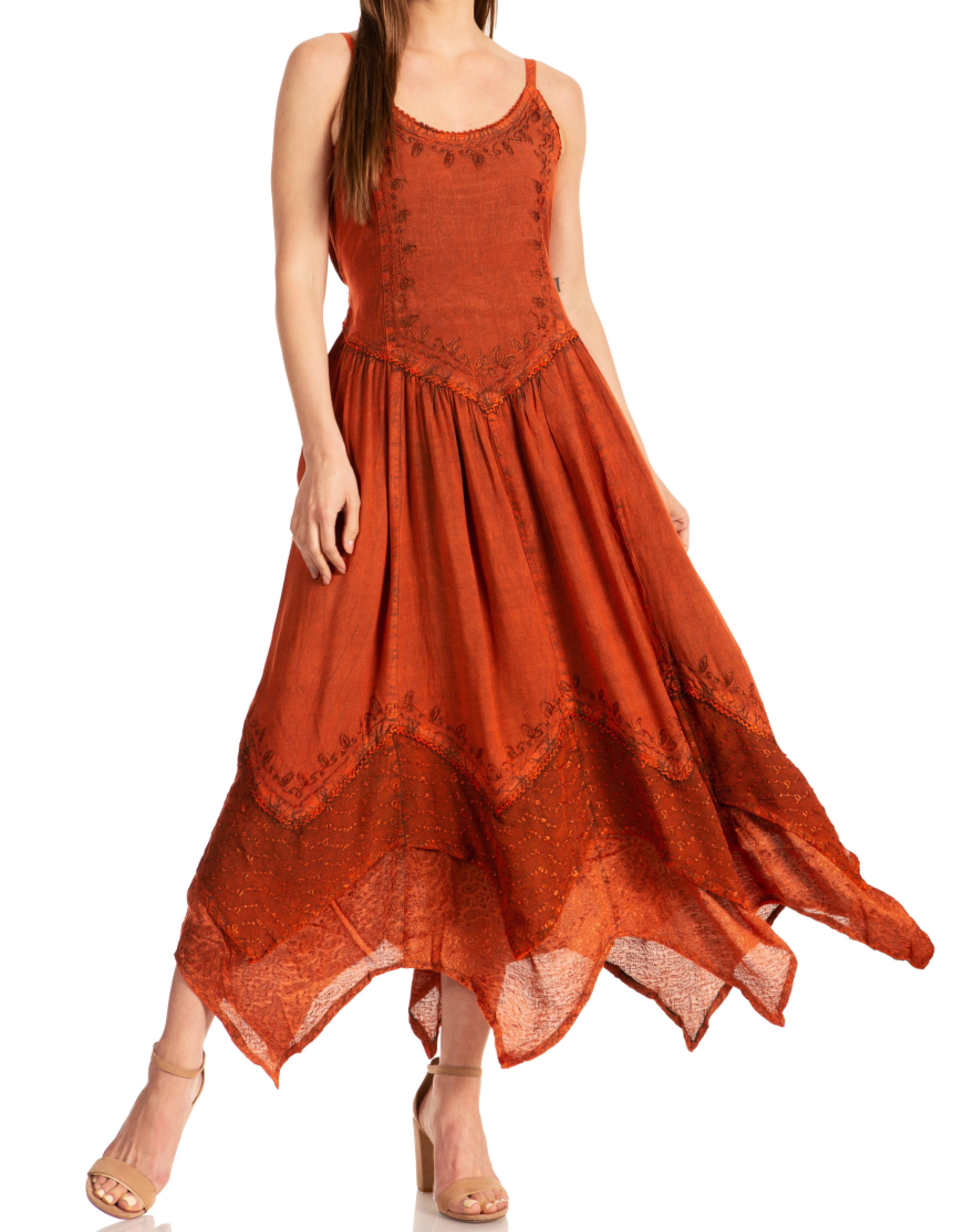 Sakkas - Rayon Embroidered Stonewashed Adjustable Spaghetti Straps Long Dress