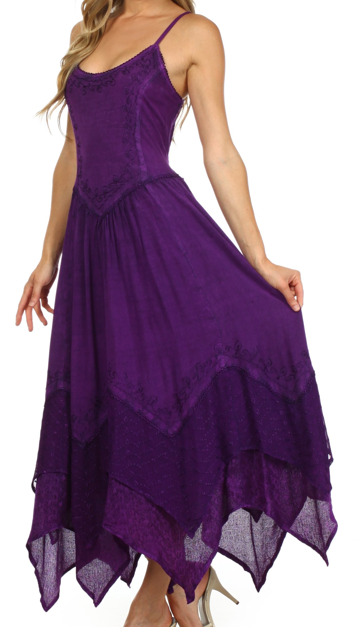 Sakkas - Rayon Embroidered Stonewashed Adjustable Spaghetti Straps Long Dress