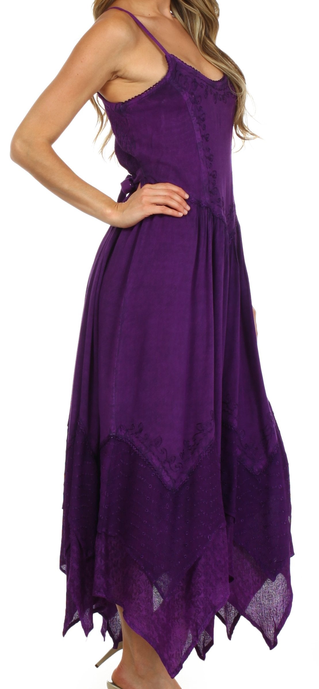 Sakkas - Rayon Embroidered Stonewashed Adjustable Spaghetti Straps Long Dress