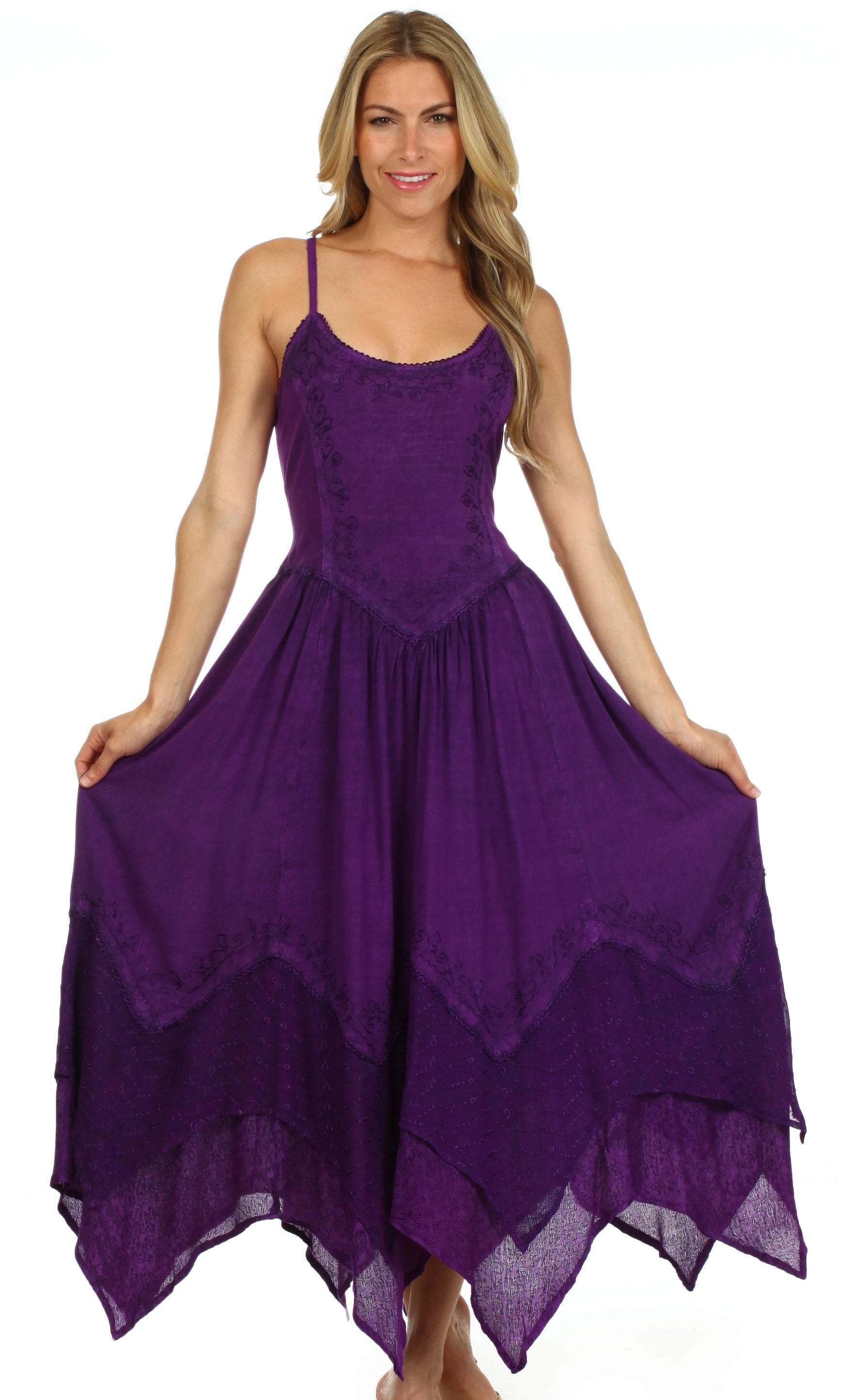 Sakkas - Rayon Embroidered Stonewashed Adjustable Spaghetti Straps Long Dress