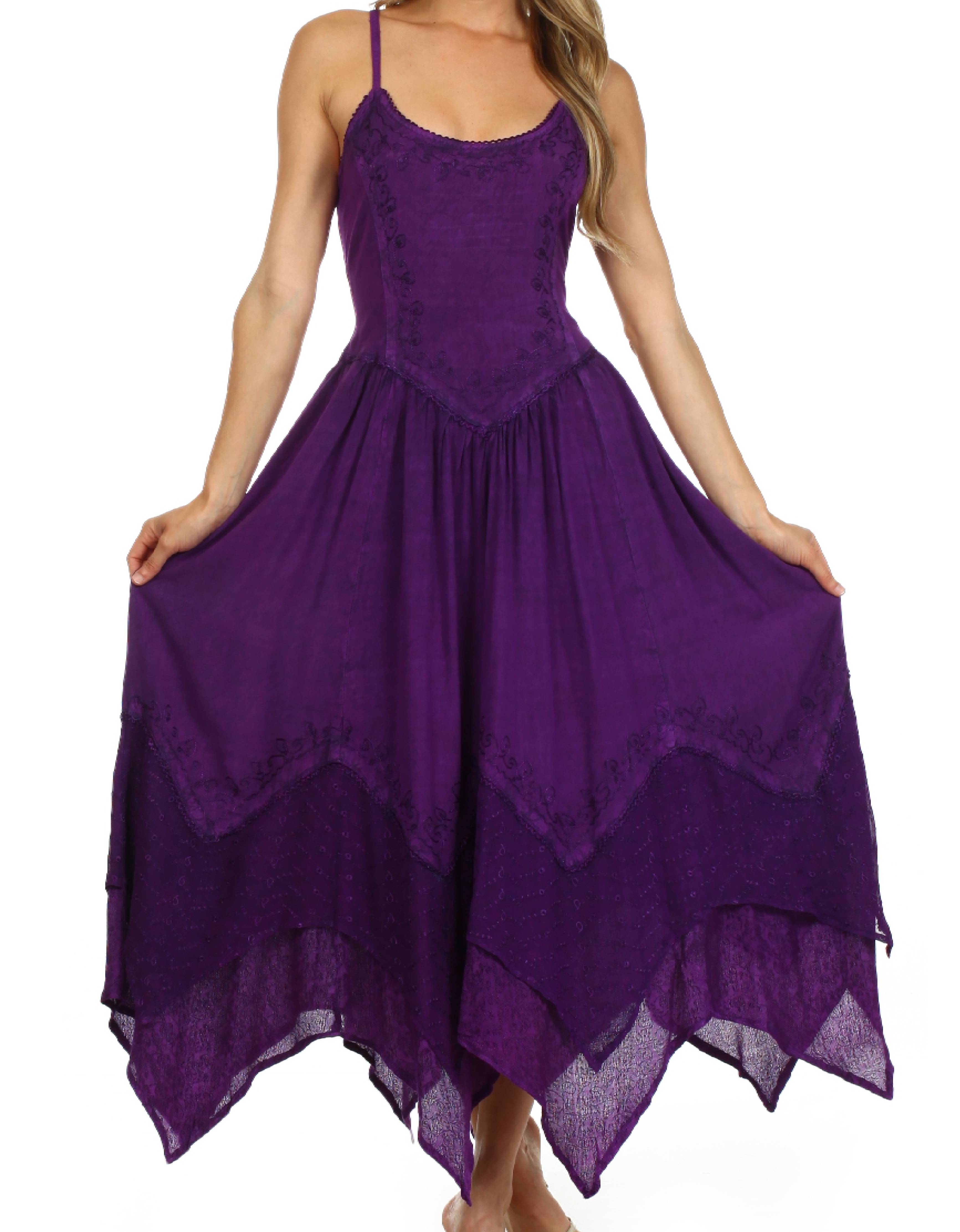 Sakkas - Rayon Embroidered Stonewashed Adjustable Spaghetti Straps Long Dress