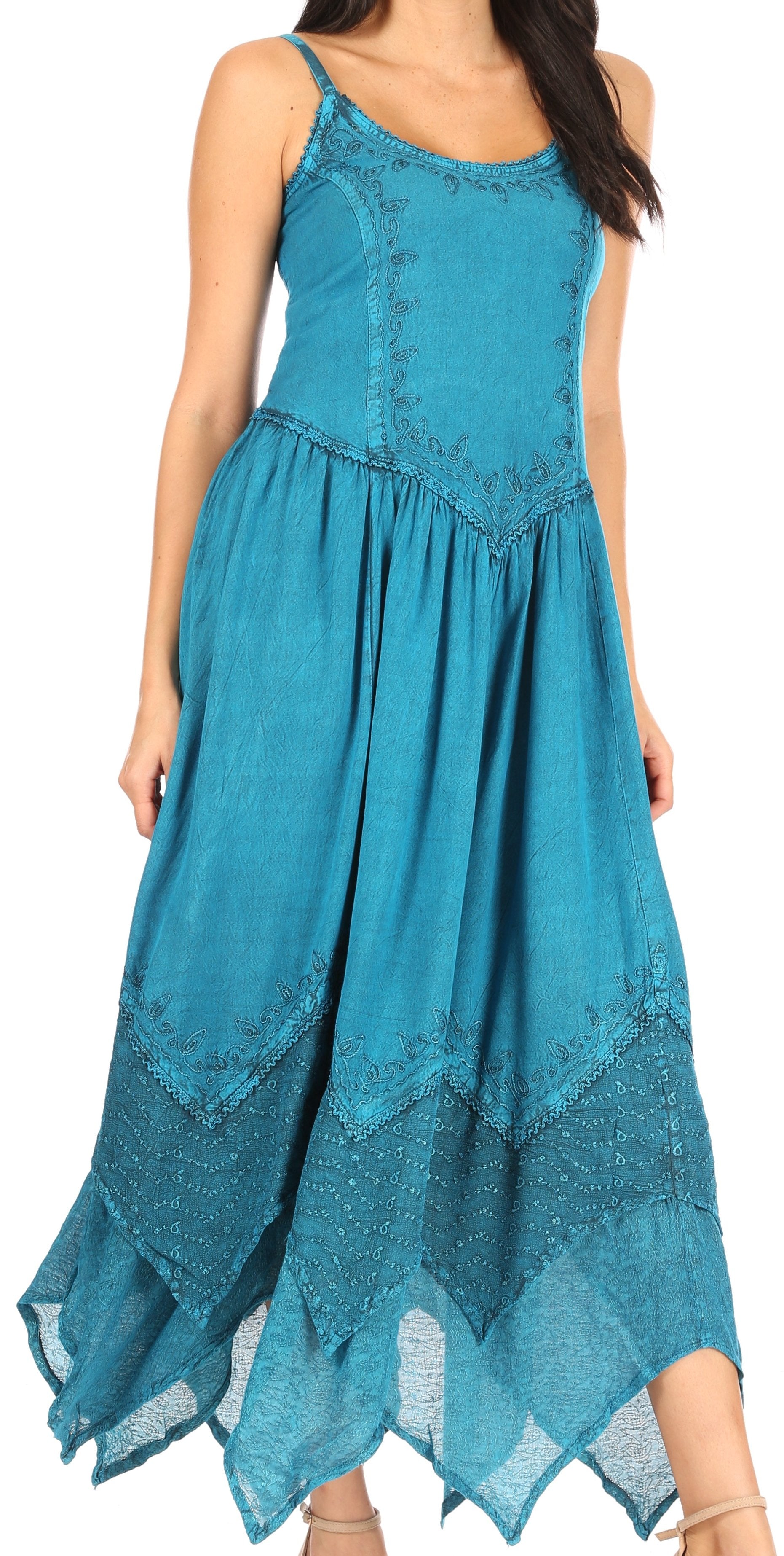 Sakkas - Rayon Embroidered Stonewashed Adjustable Spaghetti Straps Long Dress