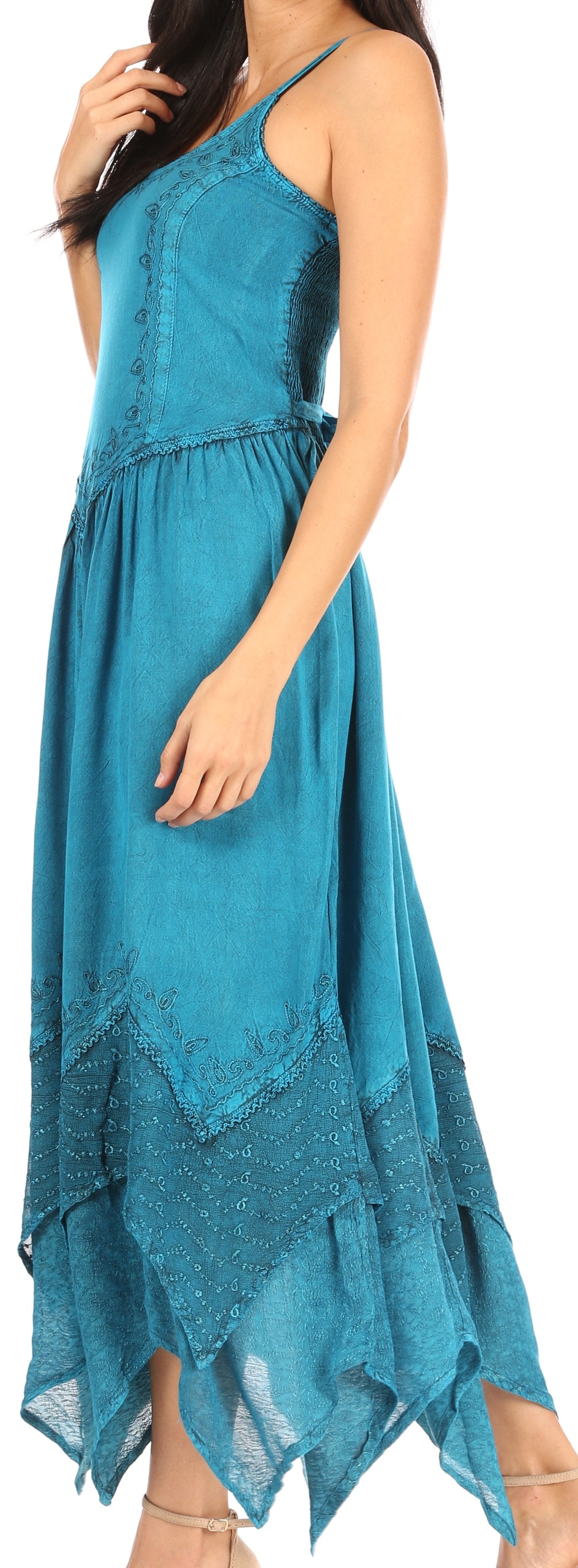 Sakkas - Rayon Embroidered Stonewashed Adjustable Spaghetti Straps Long Dress
