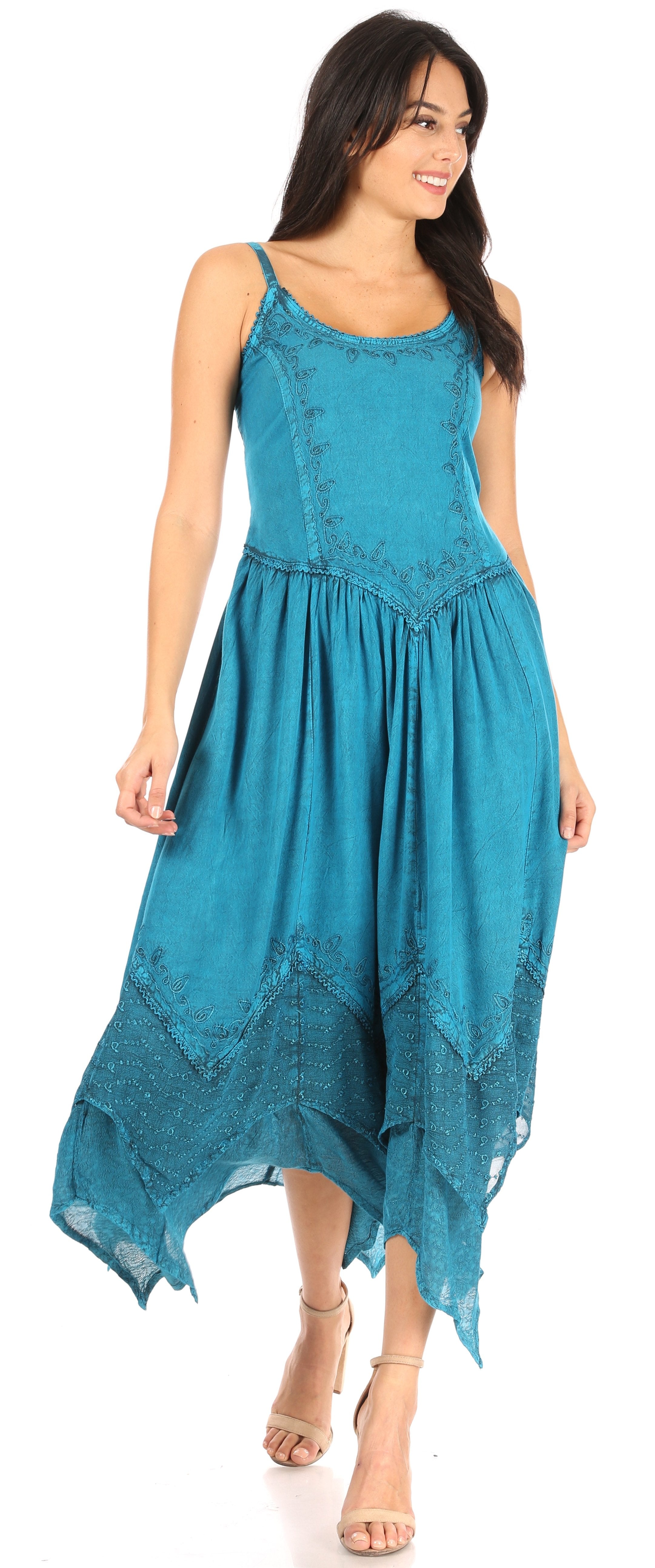 Sakkas - Rayon Embroidered Stonewashed Adjustable Spaghetti Straps Long Dress