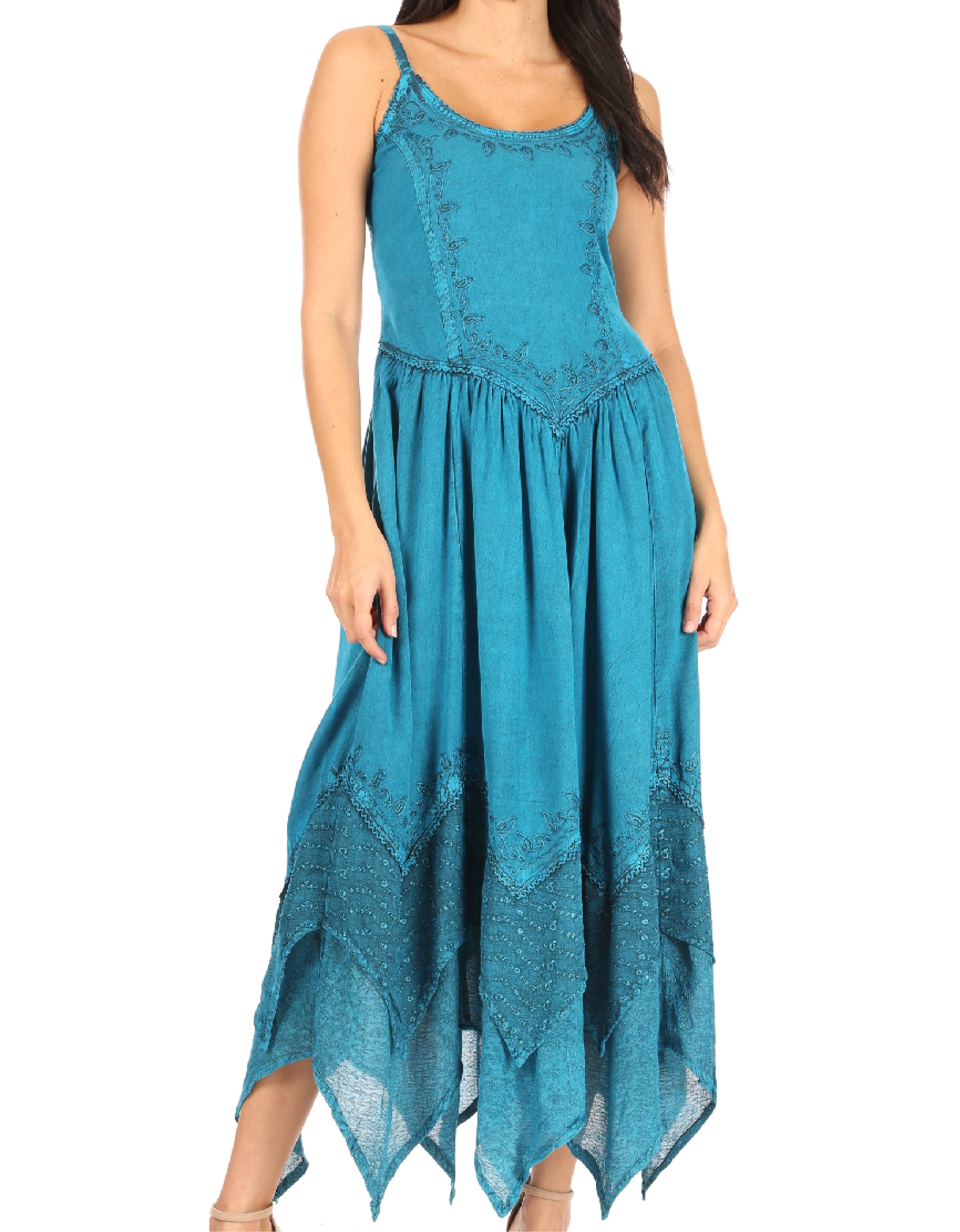 Sakkas - Rayon Embroidered Stonewashed Adjustable Spaghetti Straps Long Dress