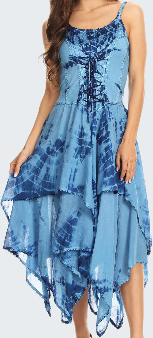 Blue tie-dye dress with a lace-up front, worn by a model on a white background