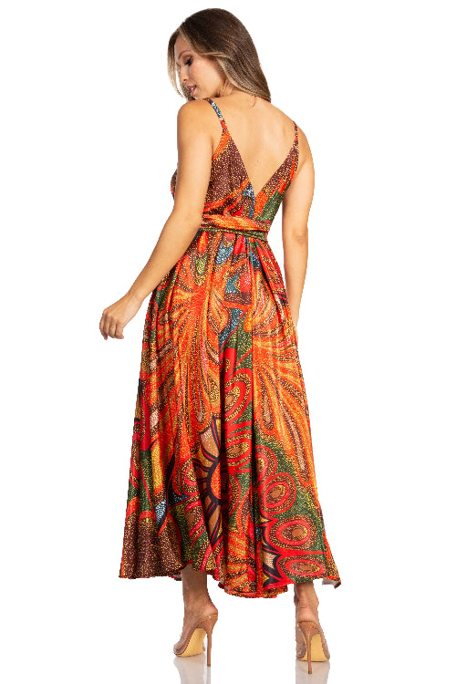 Woman wearing a colorful patterned dress on a white background
