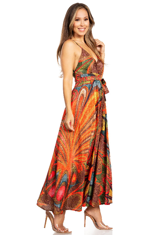 Woman wearing a colorful patterned dress on a white background
